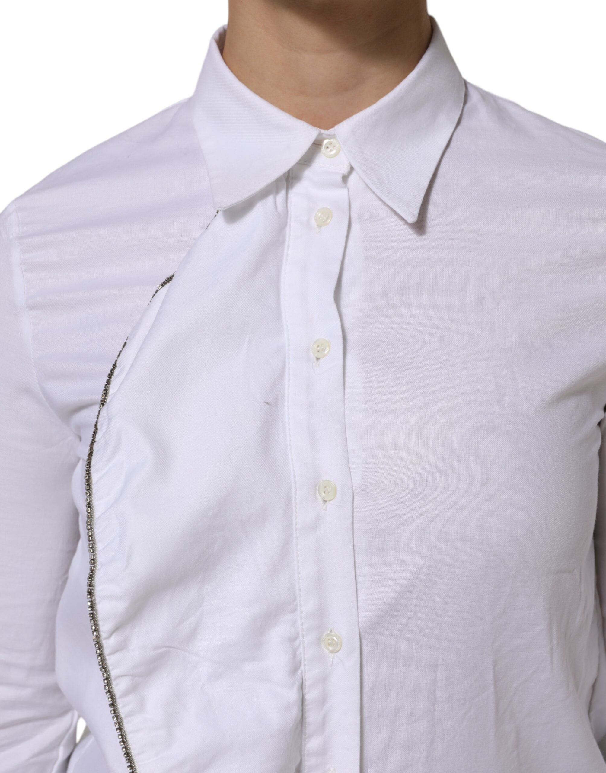 AGLINI White Cotton Collared Long Sleeves Ruffle Top Women's Shirt