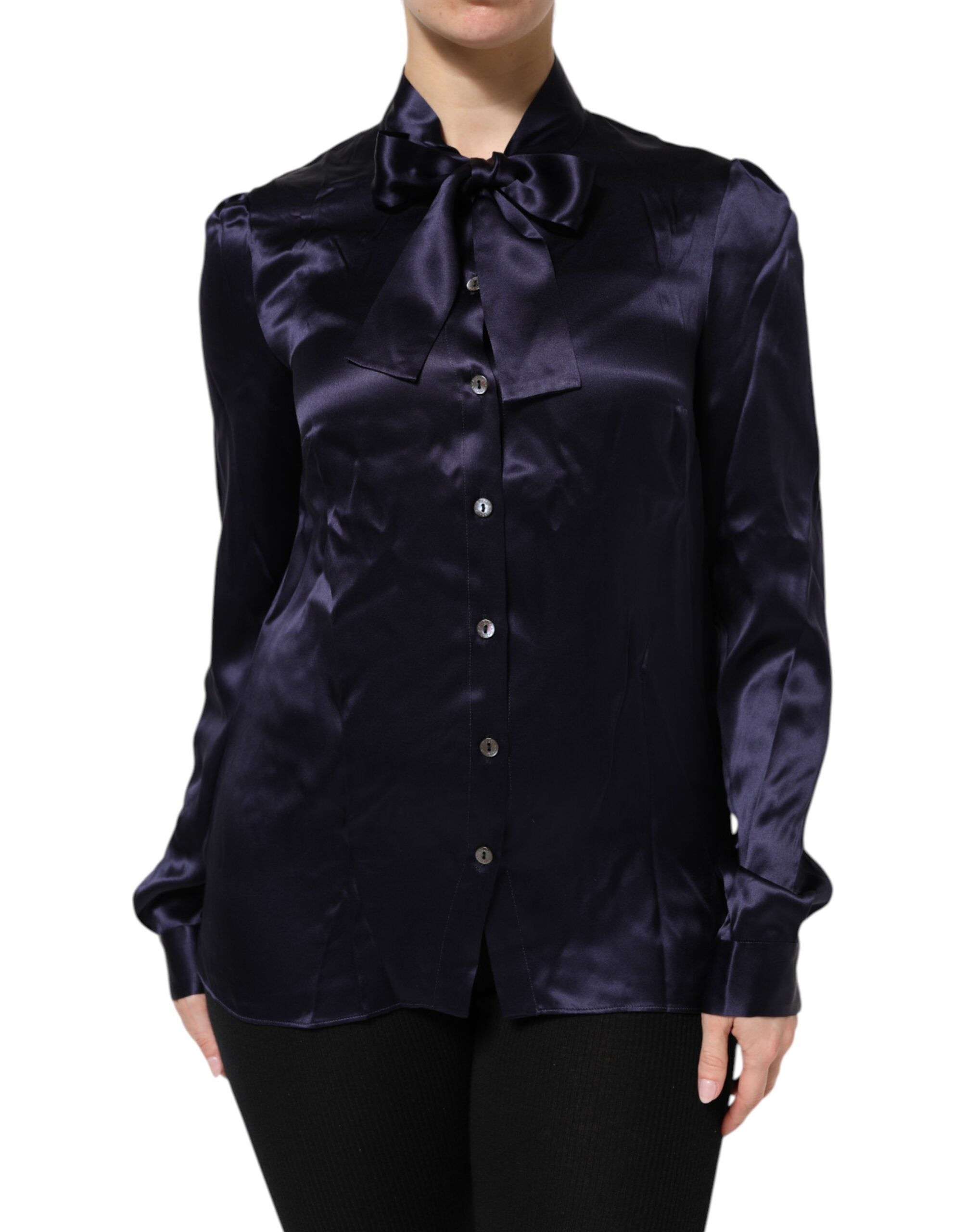 Dolce & Gabbana Dark Purple Silk Ascot Collared Blouse Women's Top (Pre-Owned)