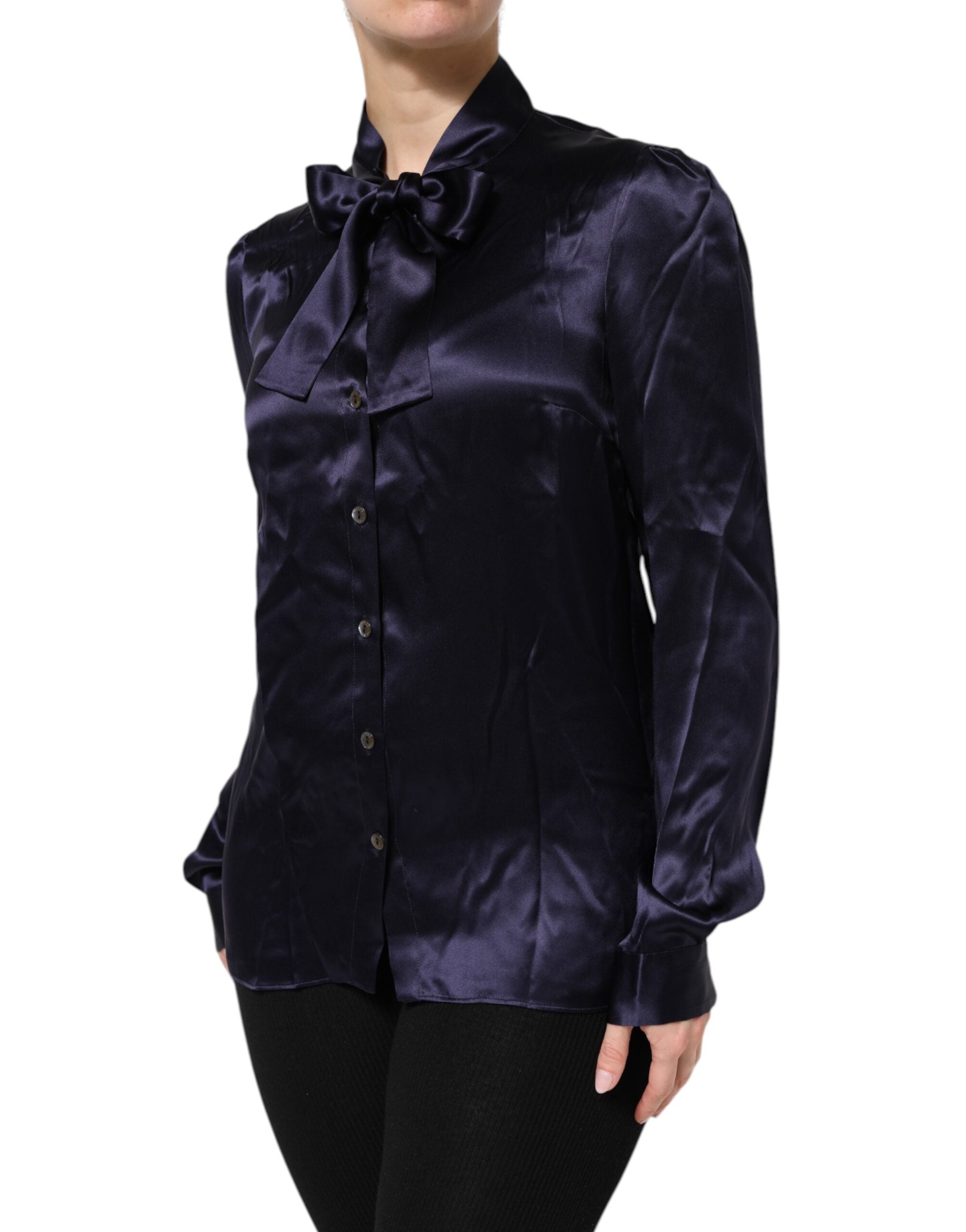 Dolce & Gabbana Dark Purple Silk Ascot Collared Blouse Women's Top (Pre-Owned)
