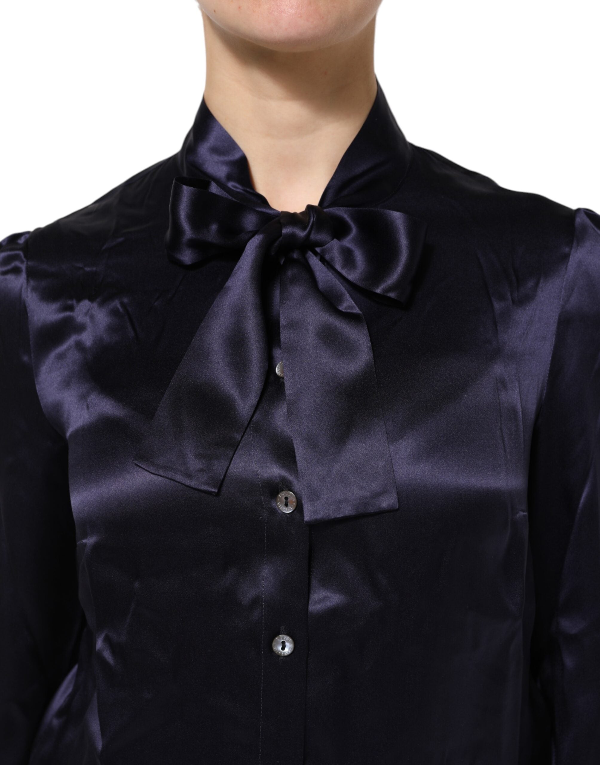 Dolce & Gabbana Dark Purple Silk Ascot Collared Blouse Women's Top (Pre-Owned)
