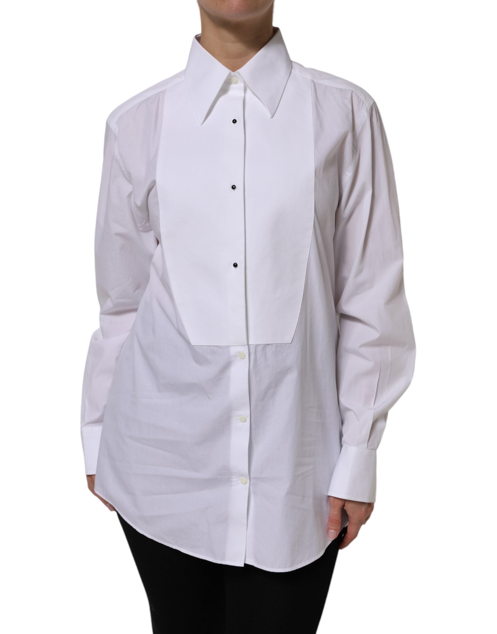 Dolce & Gabbana White Cotton Long Sleeves Collared Top Women's Shirt (Pre-Owned)