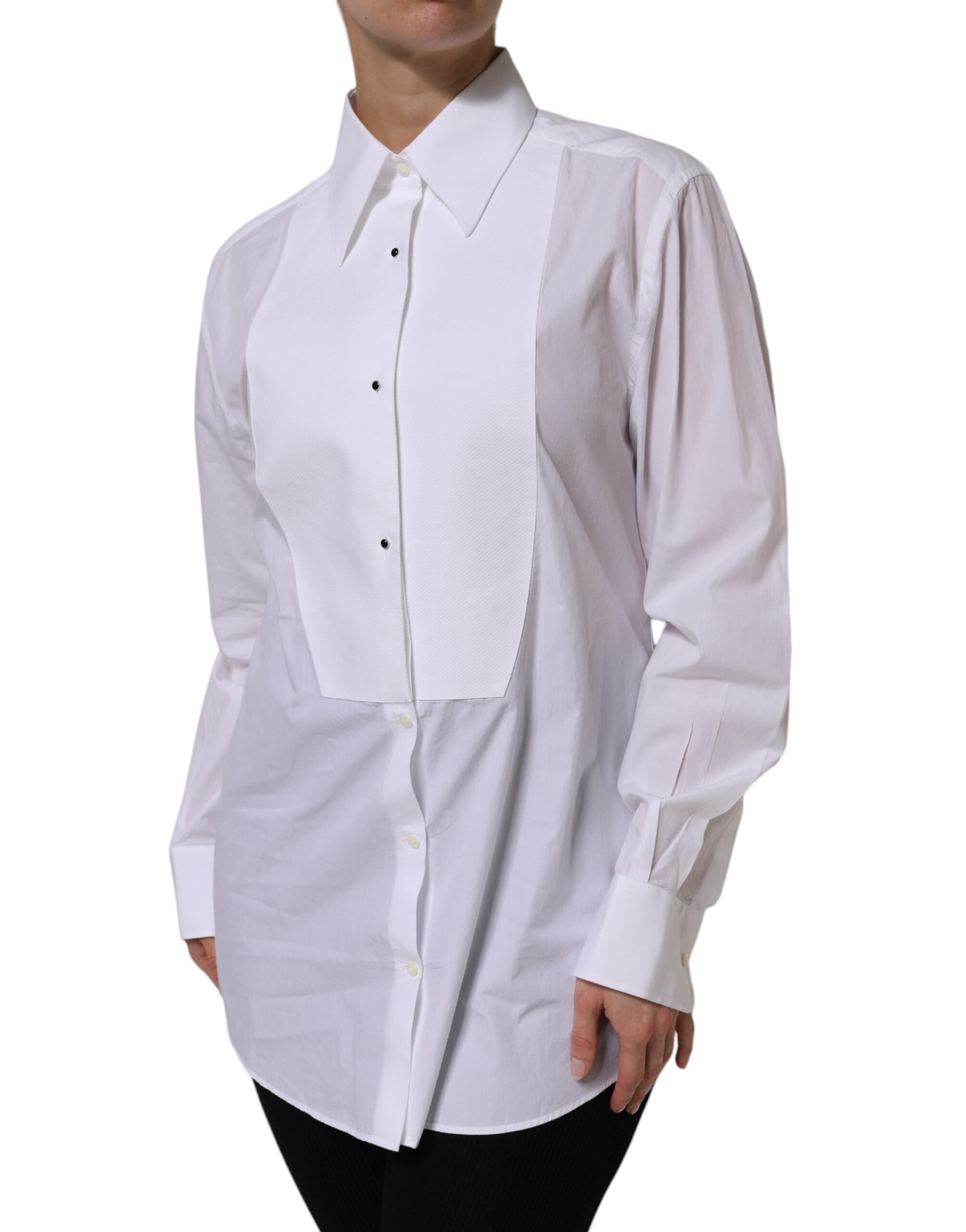 Dolce & Gabbana White Cotton Long Sleeves Collared Top Women's Shirt (Pre-Owned)