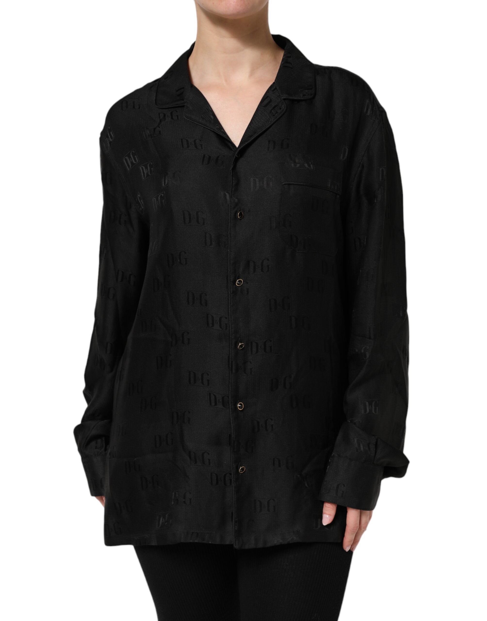 Dolce & Gabbana Black Silk DG Embroidery Long Sleeves Women's Top (Pre Dolce & Gabbana Black Silk DG Embroidery Long Sleeves Women's Top (Pre