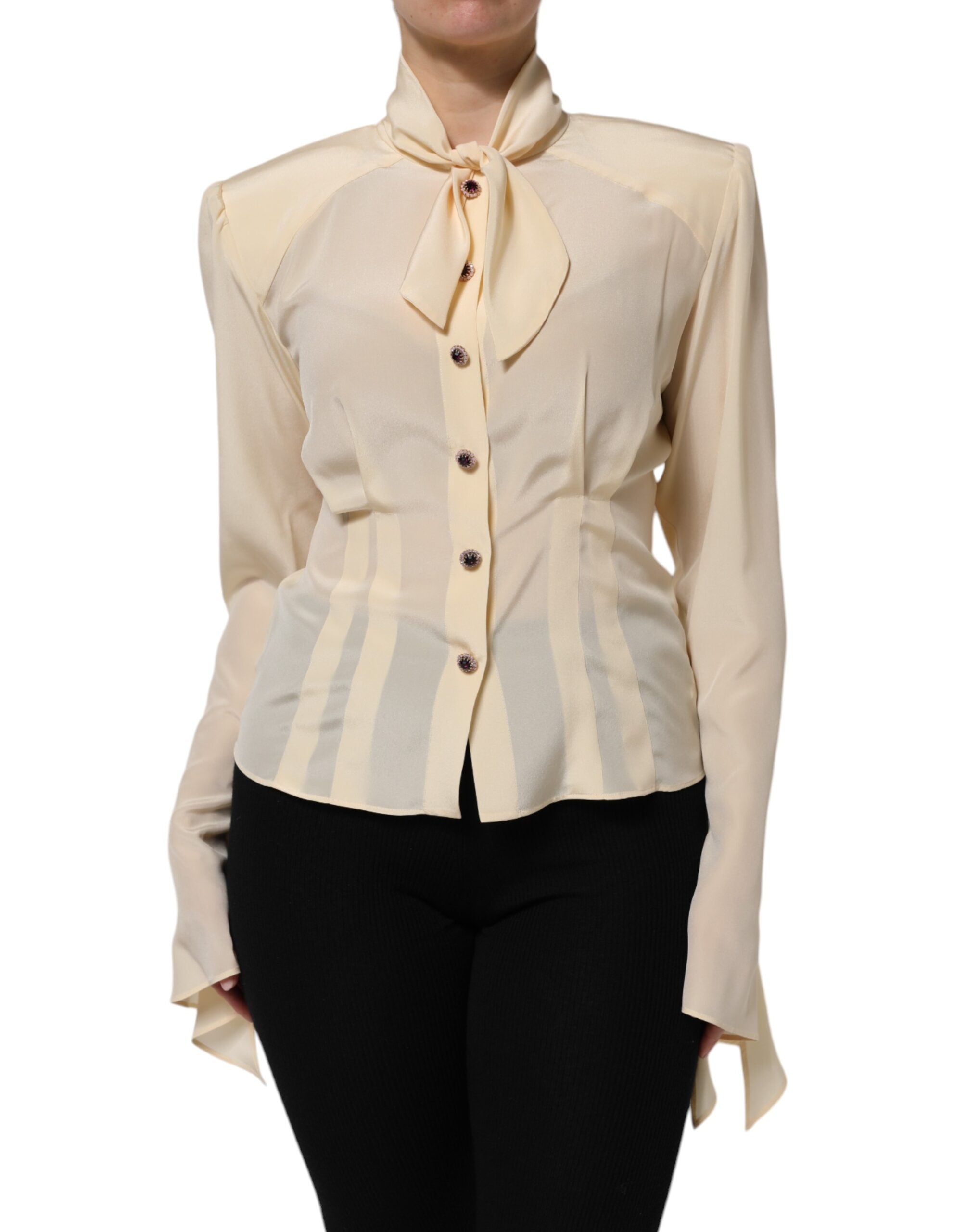 Dolce & Gabbana Light Yellow Silk Ascot Collared Blouse Women's Top (Pre-Owned)