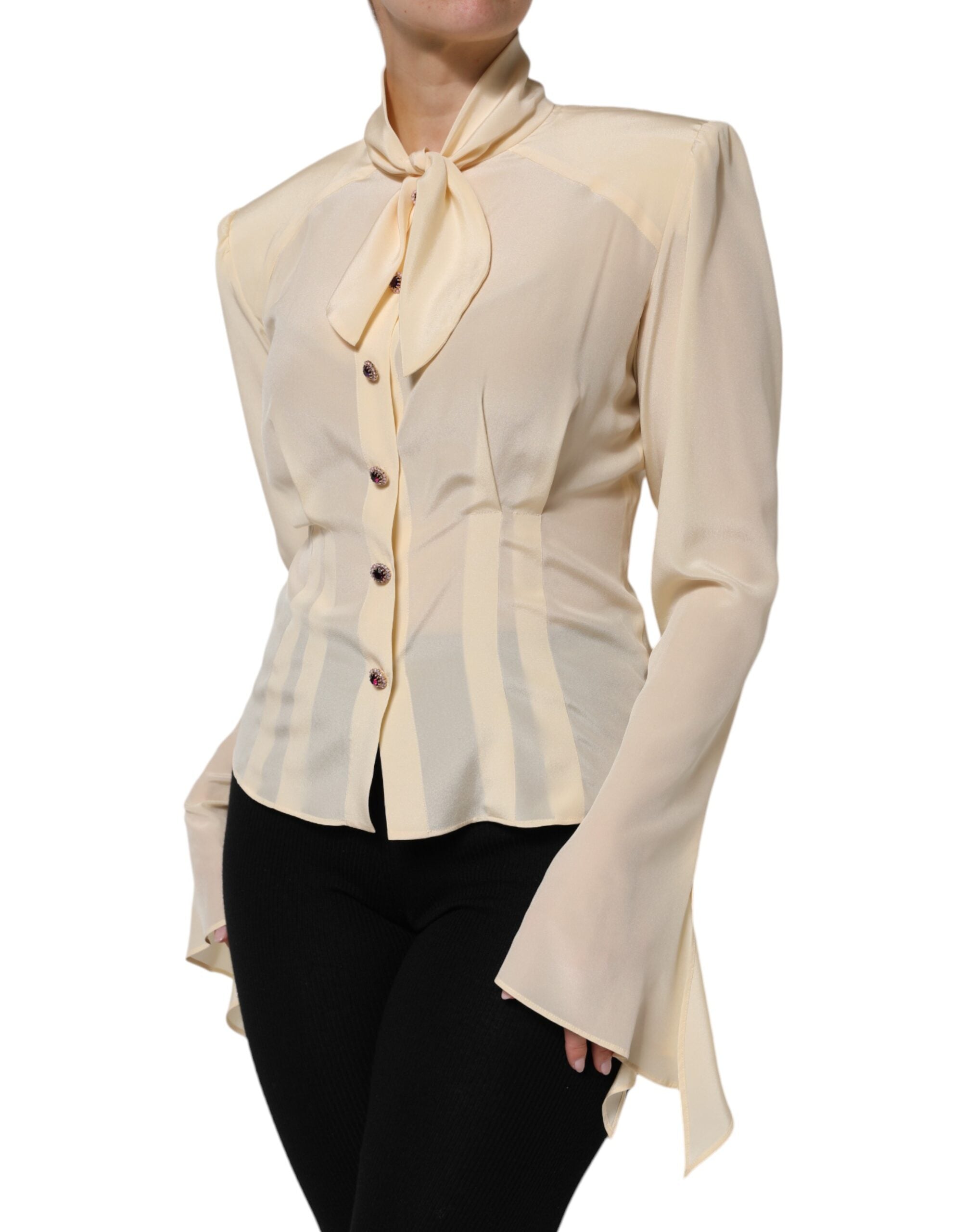 Dolce & Gabbana Light Yellow Silk Ascot Collared Blouse Women's Top (Pre-Owned)