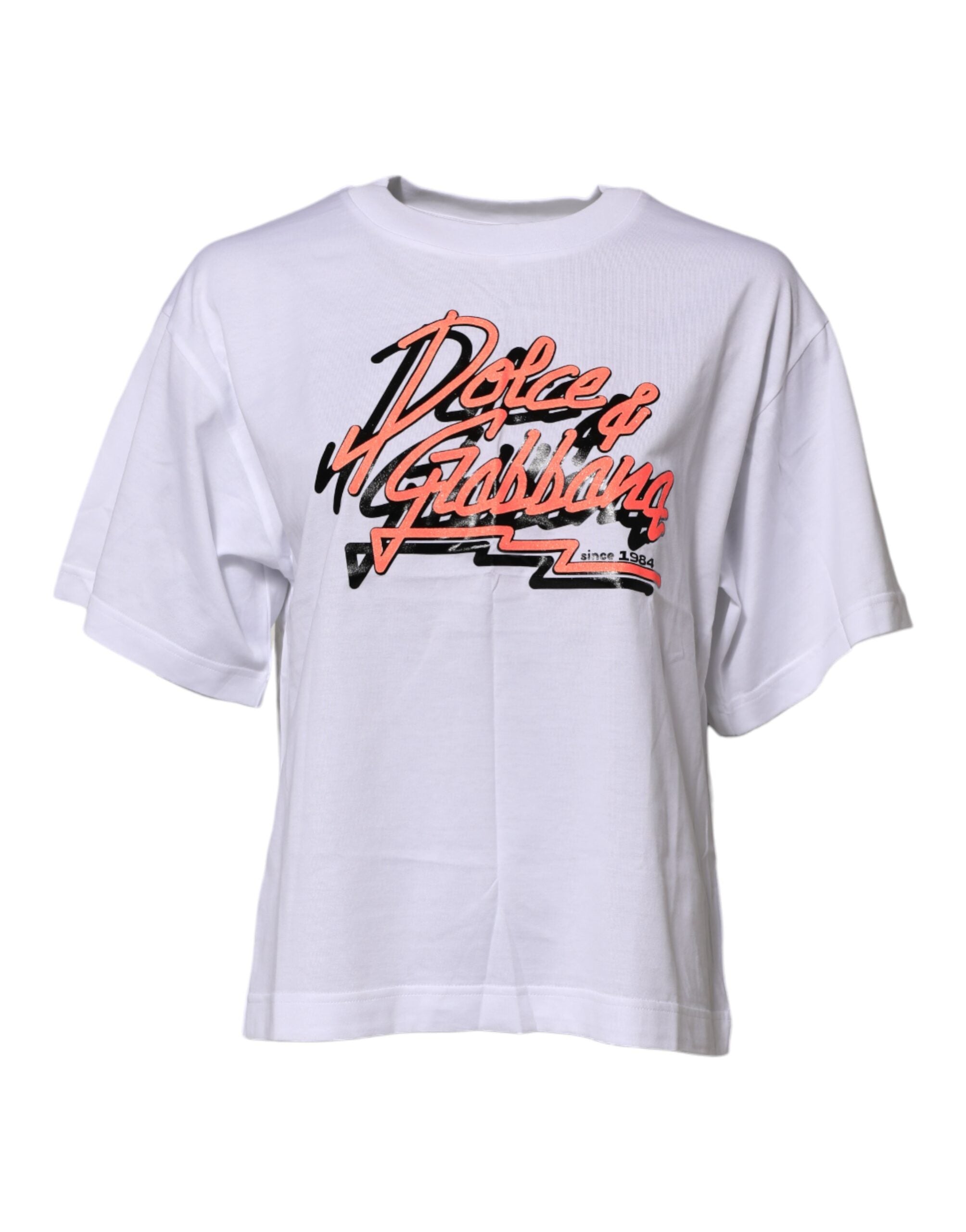 Dolce & Gabbana White Cotton Graphic Print Crew Neck Women's T-shirt
