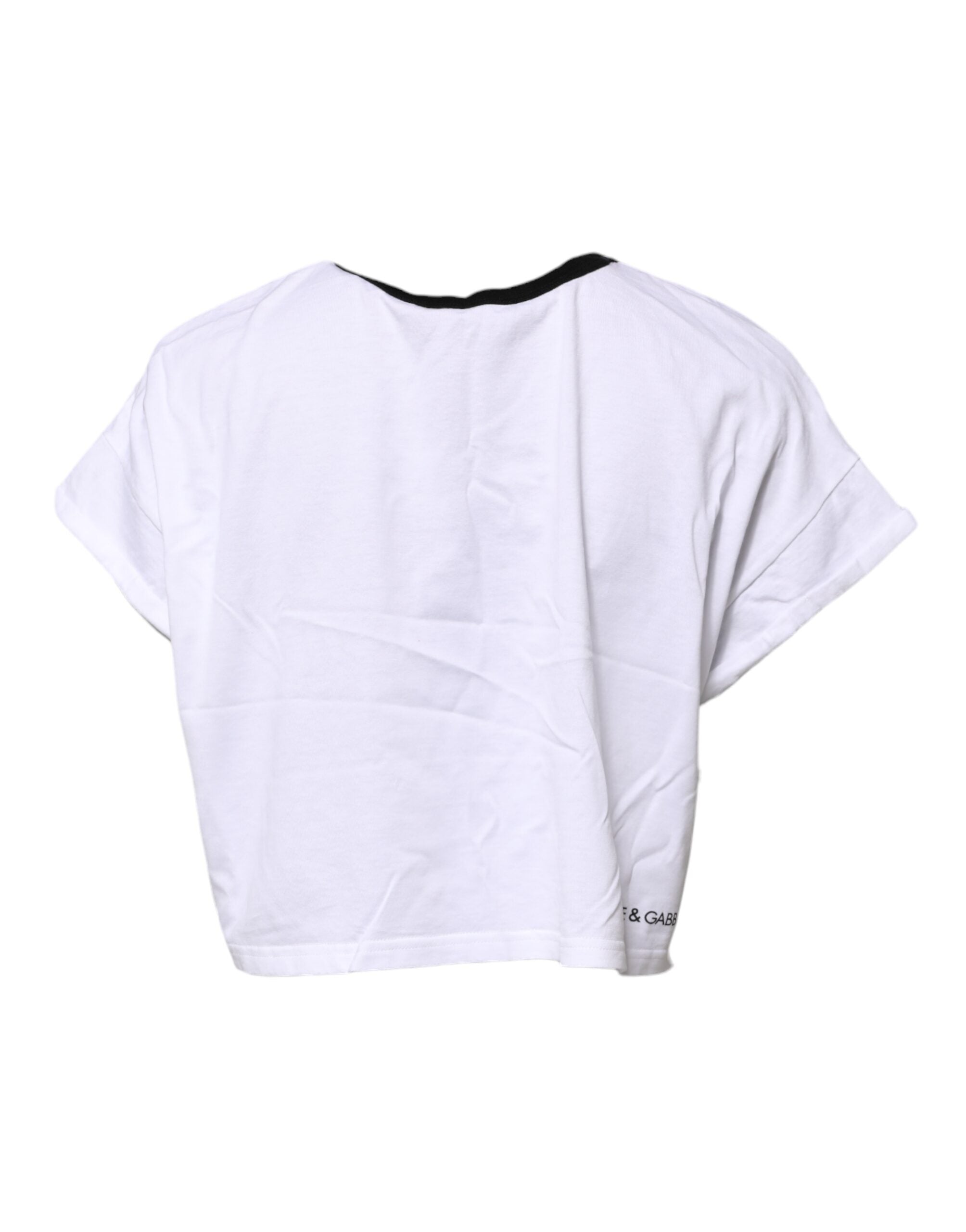 Dolce & Gabbana White Graphic Print Crew Neck Cropped Women's T-shirt