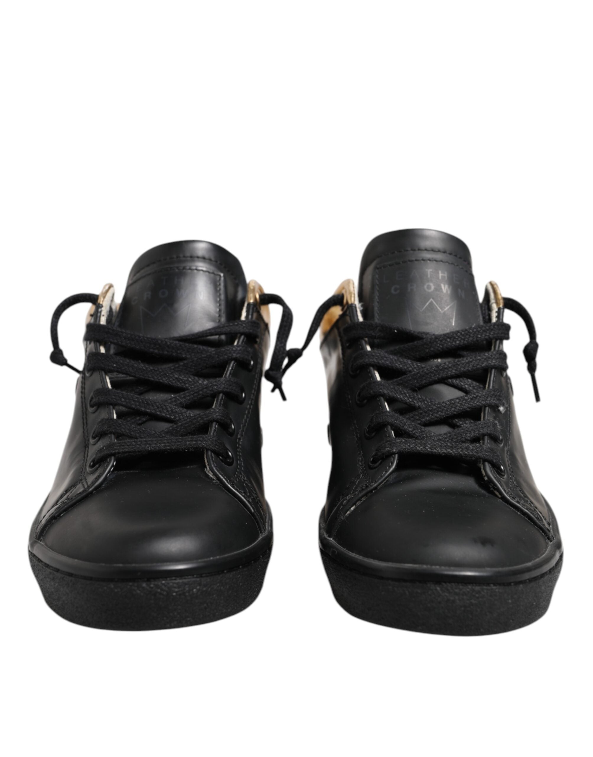Leather Crown Black Gold Lace Up Low Top Women Sneakers Women's Shoes (Pre-Owned)