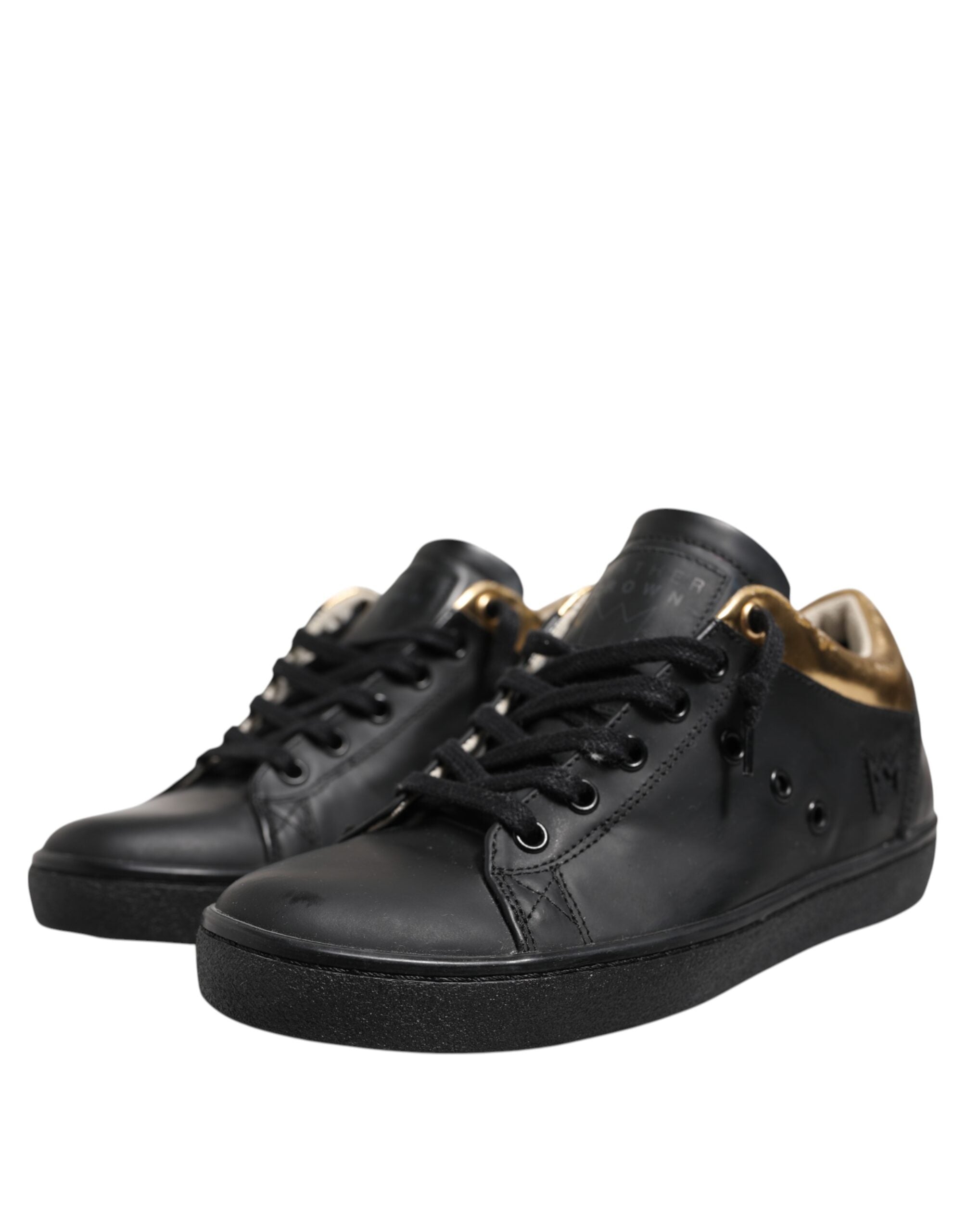 Leather Crown Black Gold Lace Up Low Top Women Sneakers Women's Shoes (Pre-Owned)