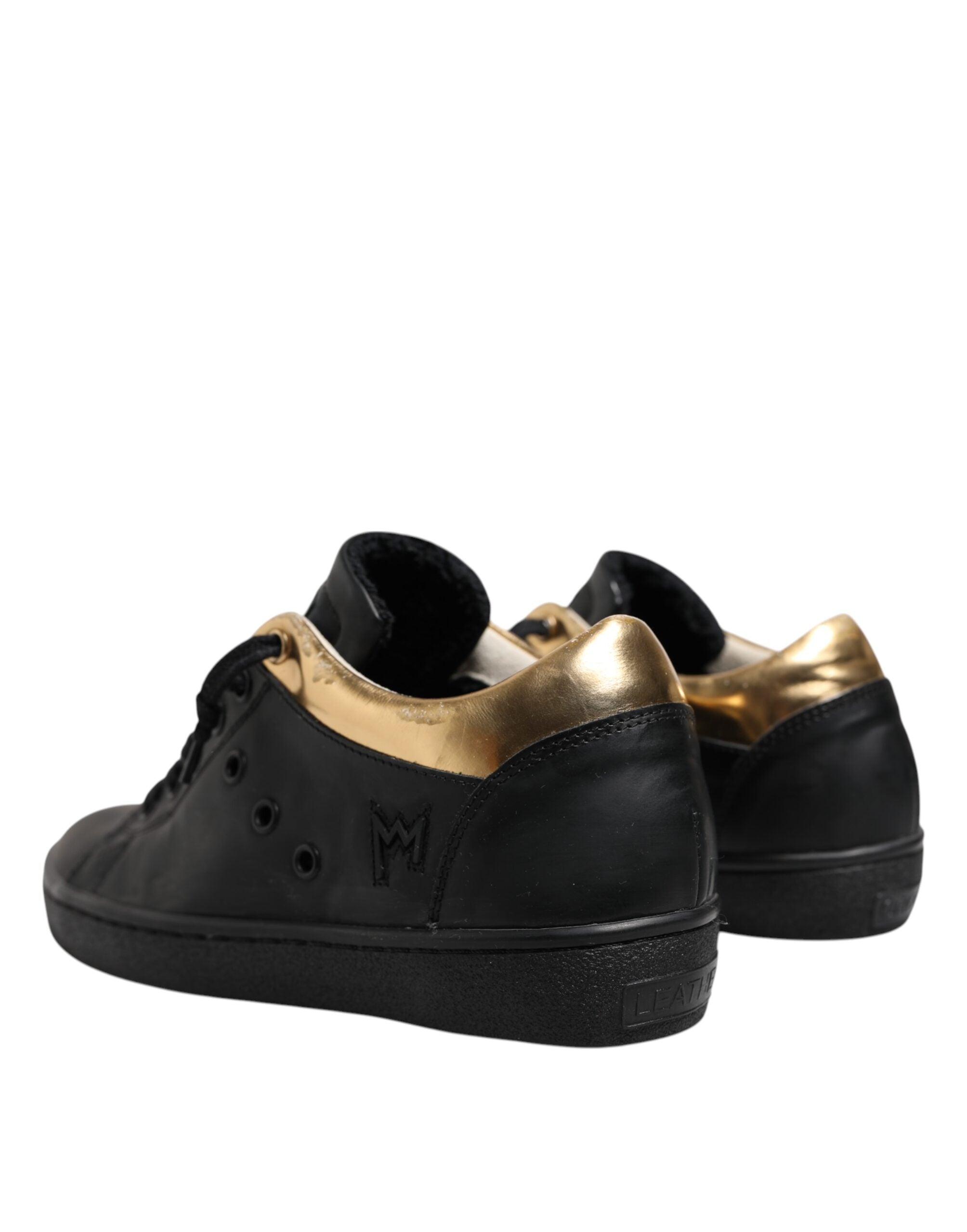 Leather Crown Black Gold Lace Up Low Top Women Sneakers Women's Shoes (Pre-Owned)