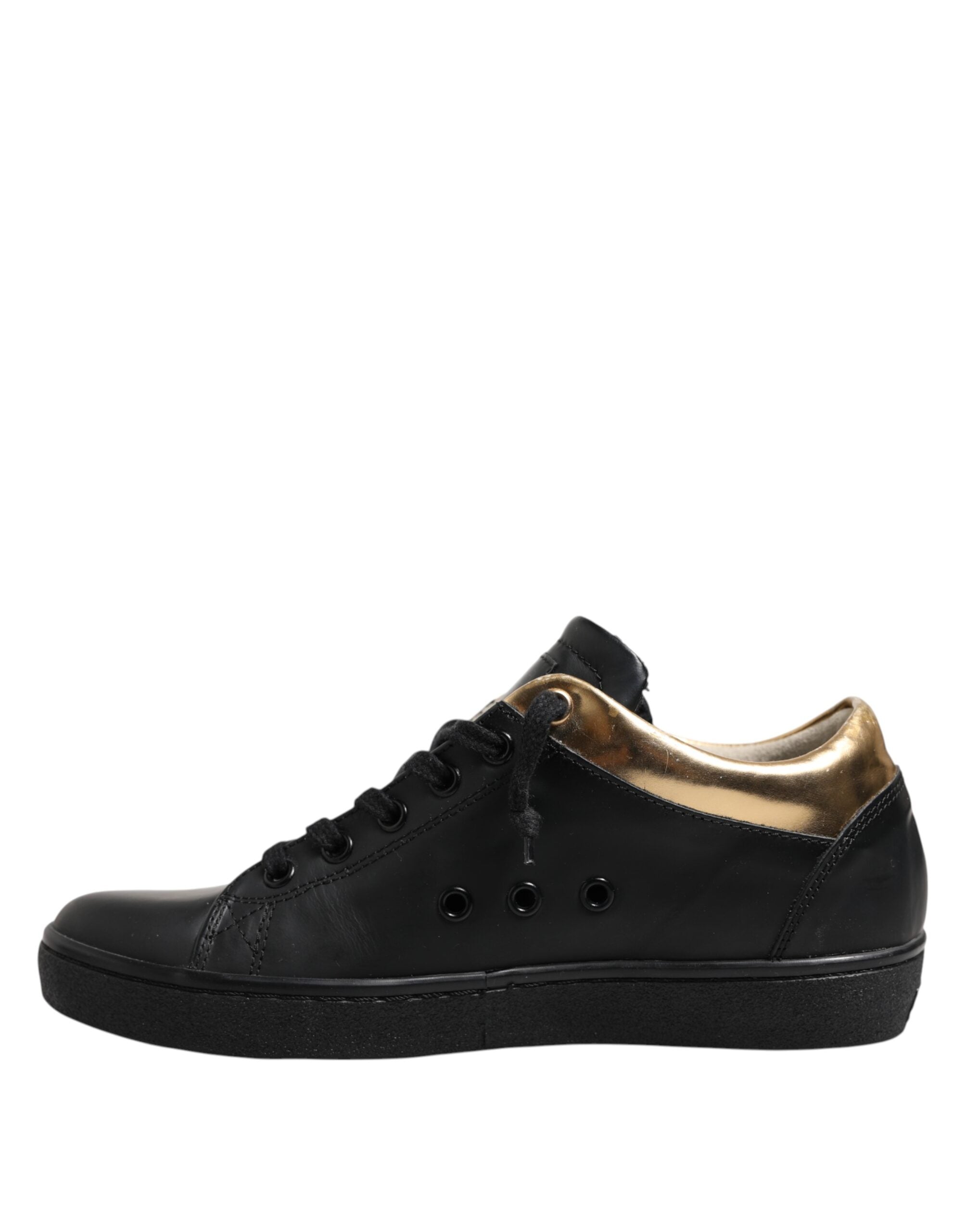 Leather Crown Black Gold Lace Up Low Top Women Sneakers Women's Shoes (Pre-Owned)