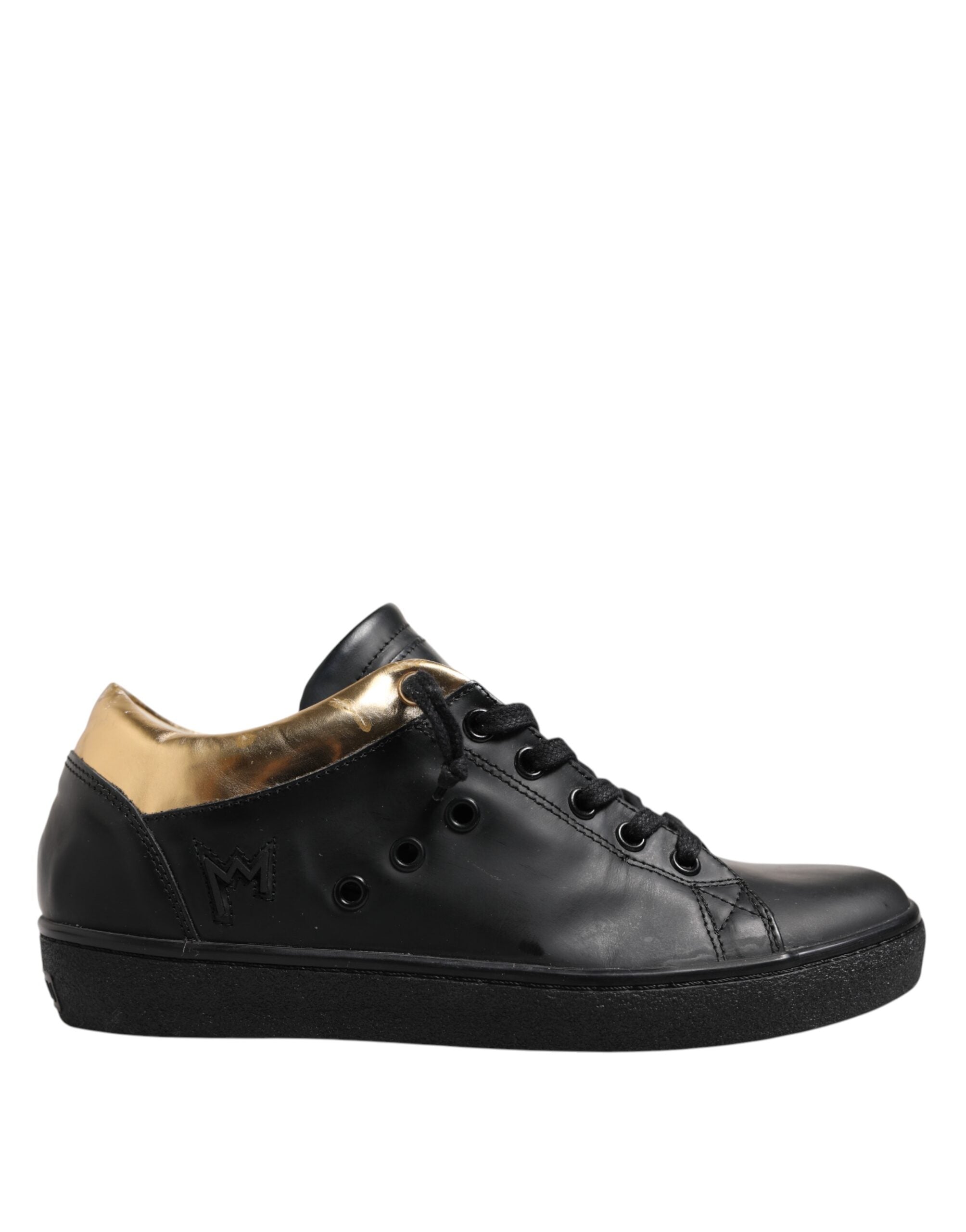 Leather Crown Black Gold Lace Up Low Top Women Sneakers Women's Shoes (Pre-Owned)