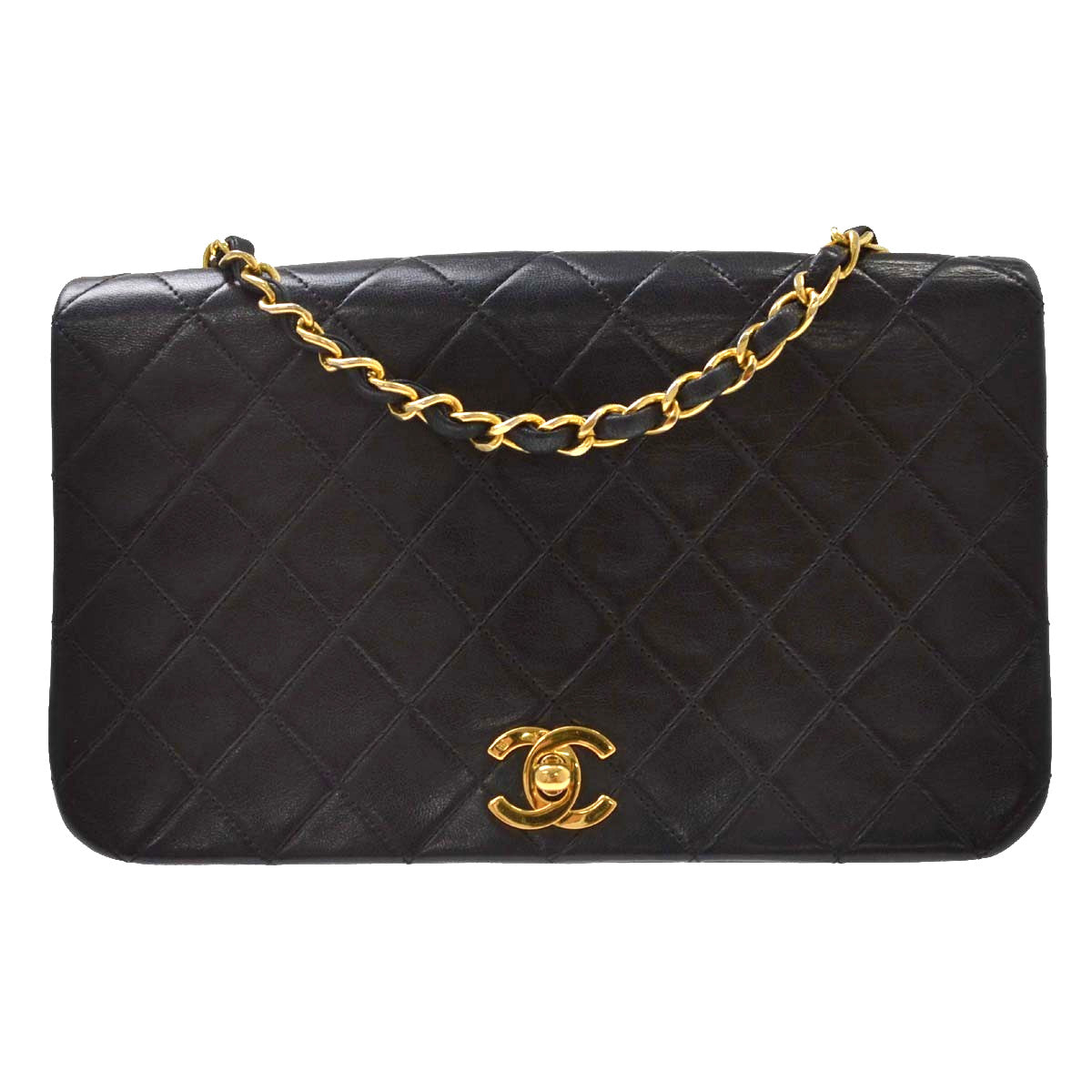 Chanel Vintage Full Flap Quilted Lambskin Black Leather Handbag (Pre-Owned)