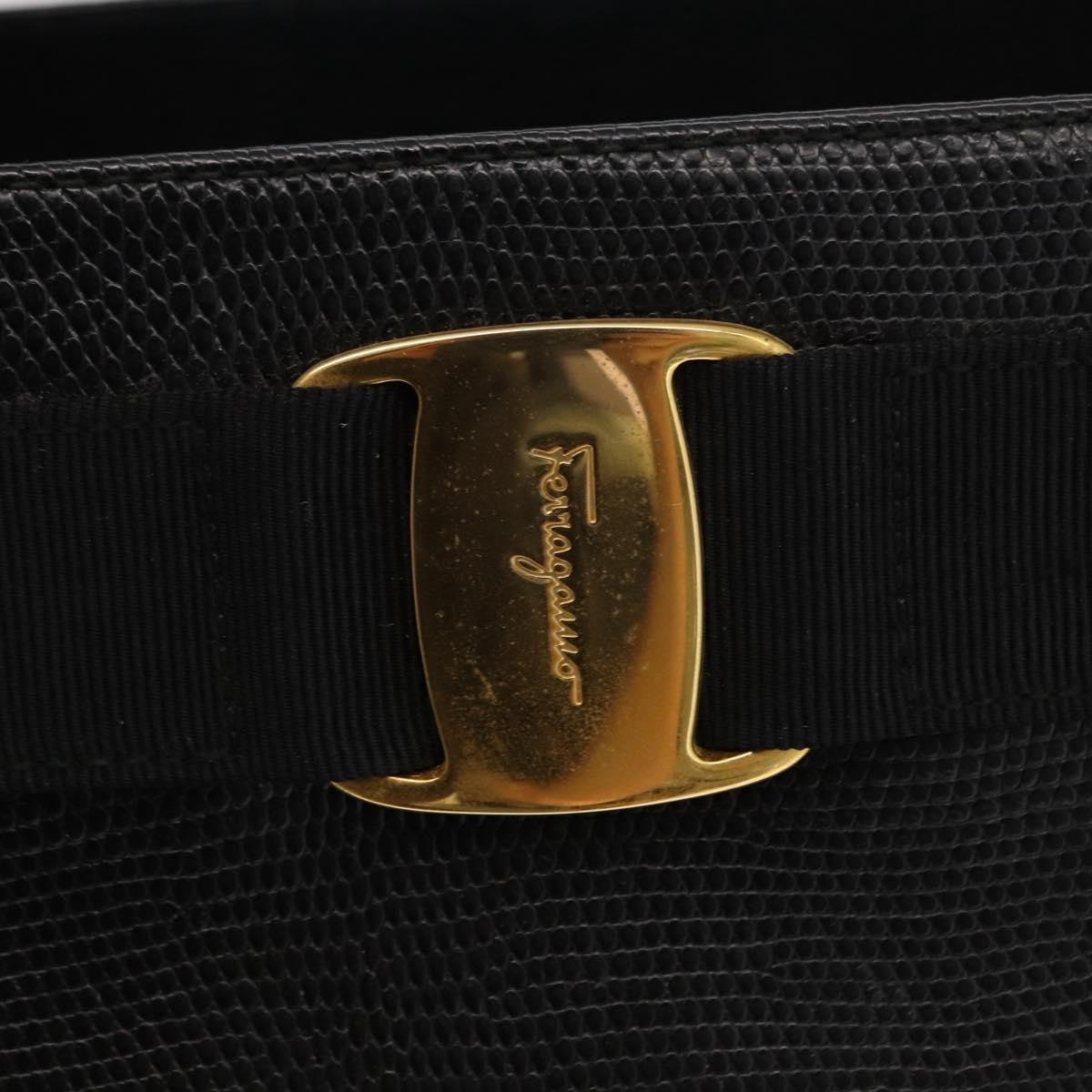 Salvatore Ferragamo Vintage Vara Bow Tote Lizard Embossed Leather Black Leather Tote Bag Bag (Pre-Owned)