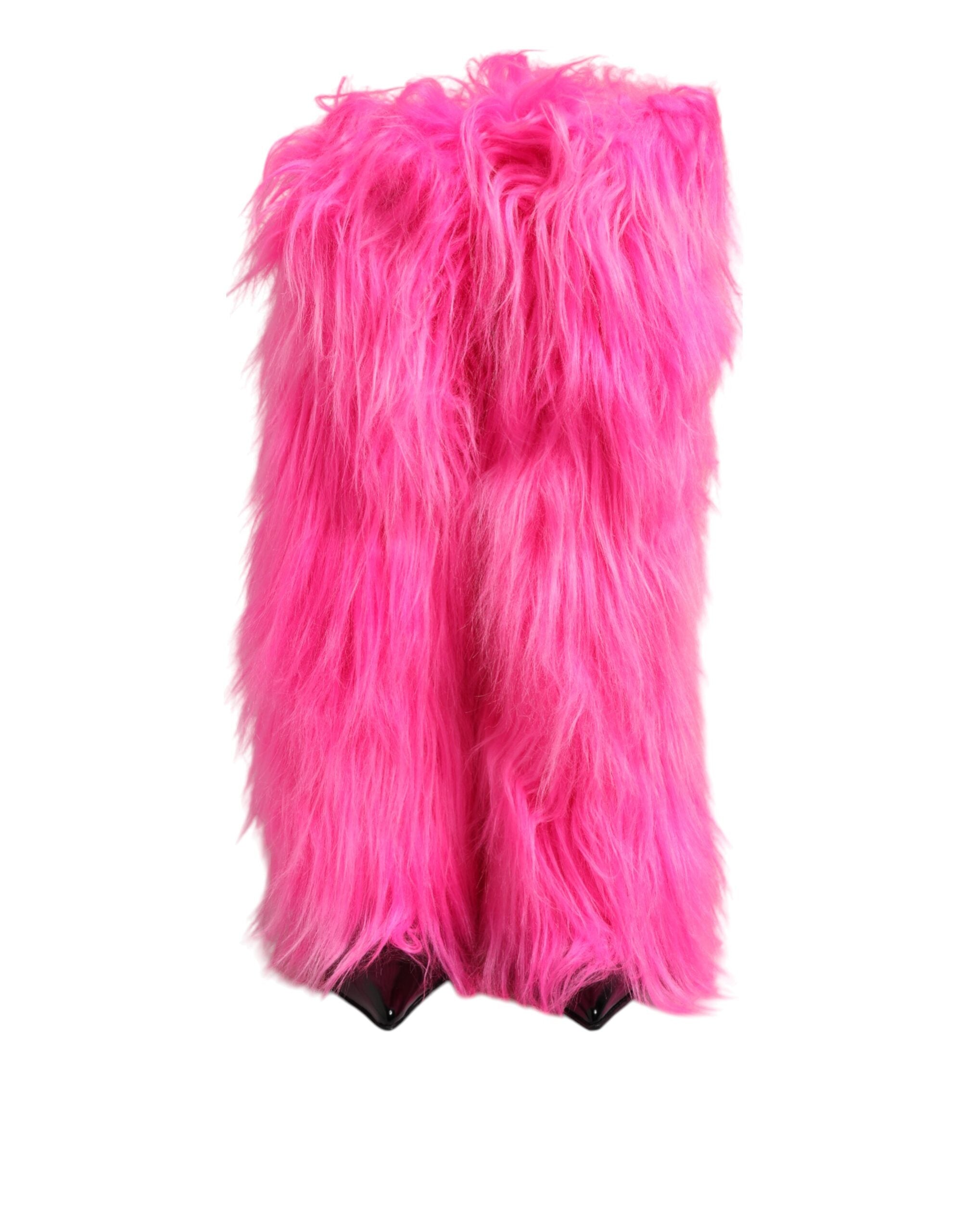 Dolce & Gabbana Pink Faux Fur Leather High Heels Boots Women's Shoes