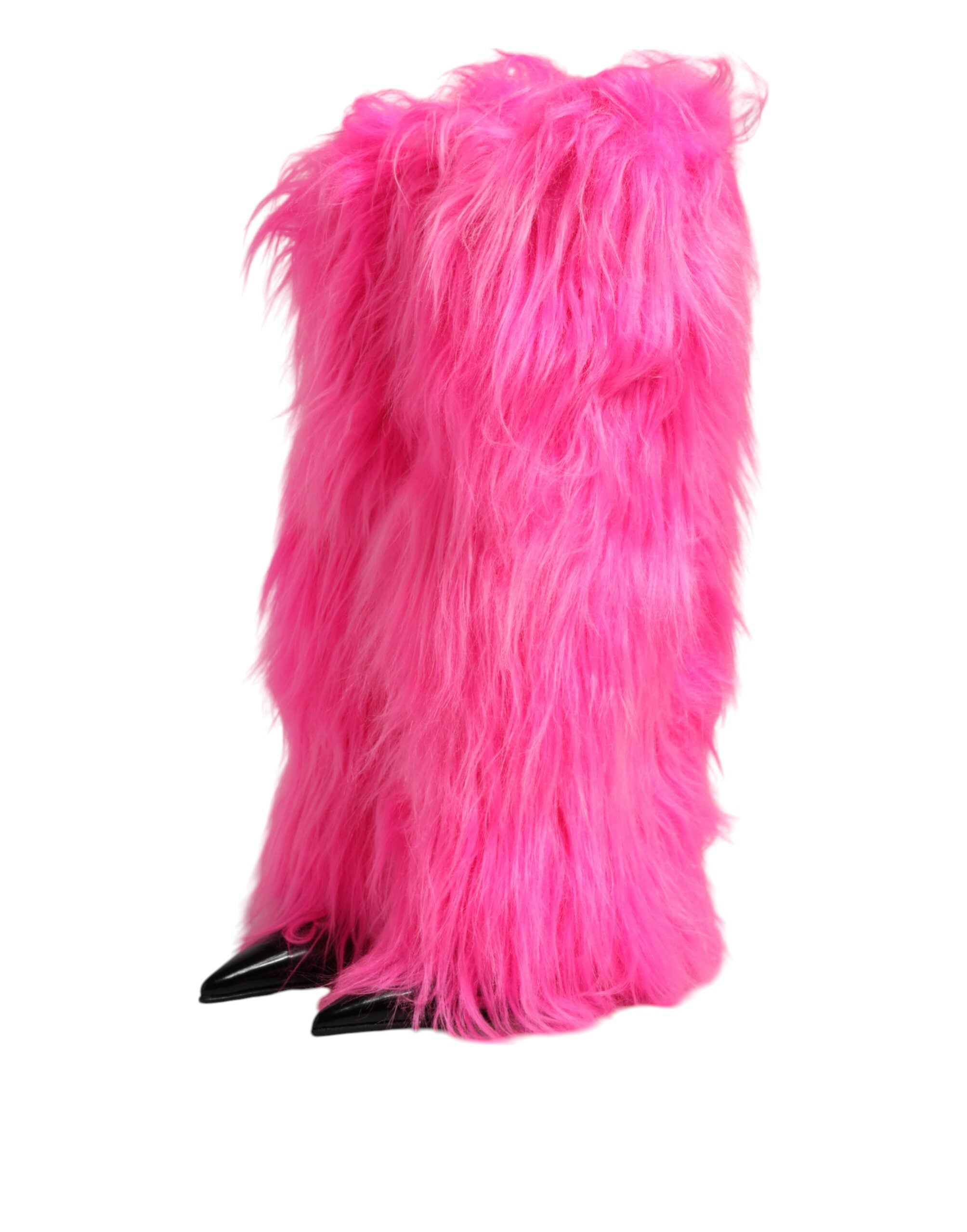 Dolce & Gabbana Pink Faux Fur Leather High Heels Boots Women's Shoes