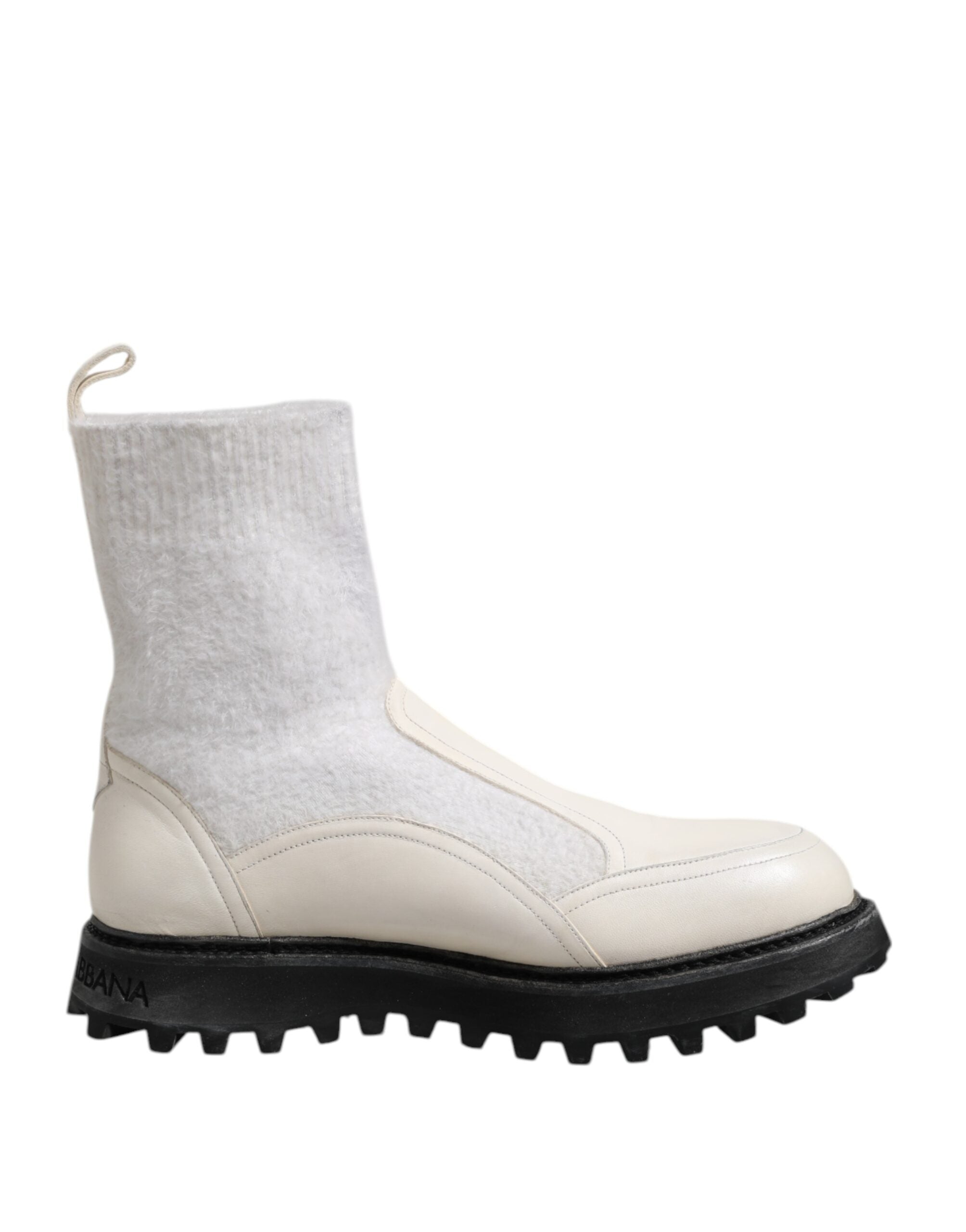 Dolce & Gabbana White Beige DG Logo Mid Calf Boots Men's Shoes