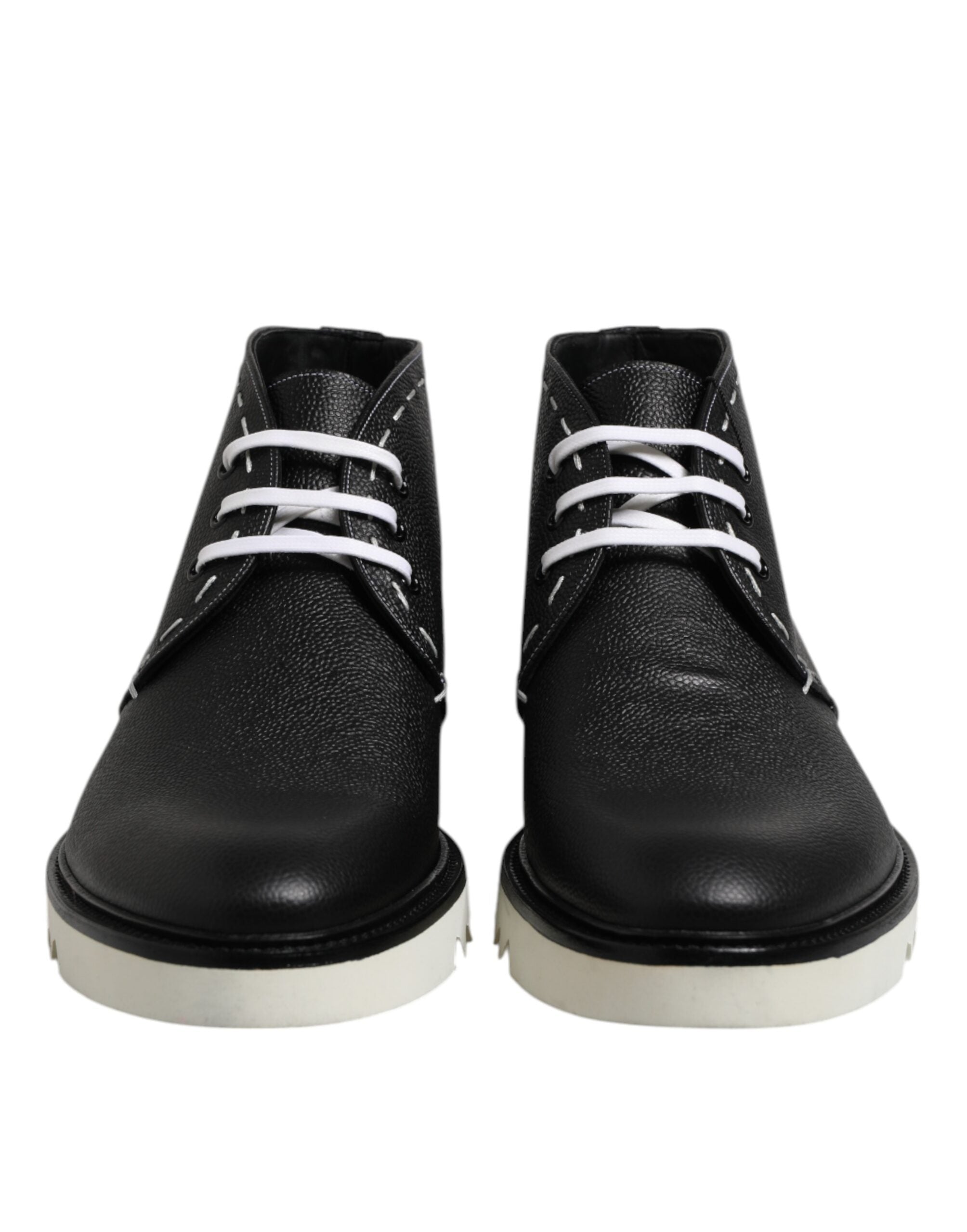 Dolce & Gabbana Black White Leather Ankle Boots Men's Shoes