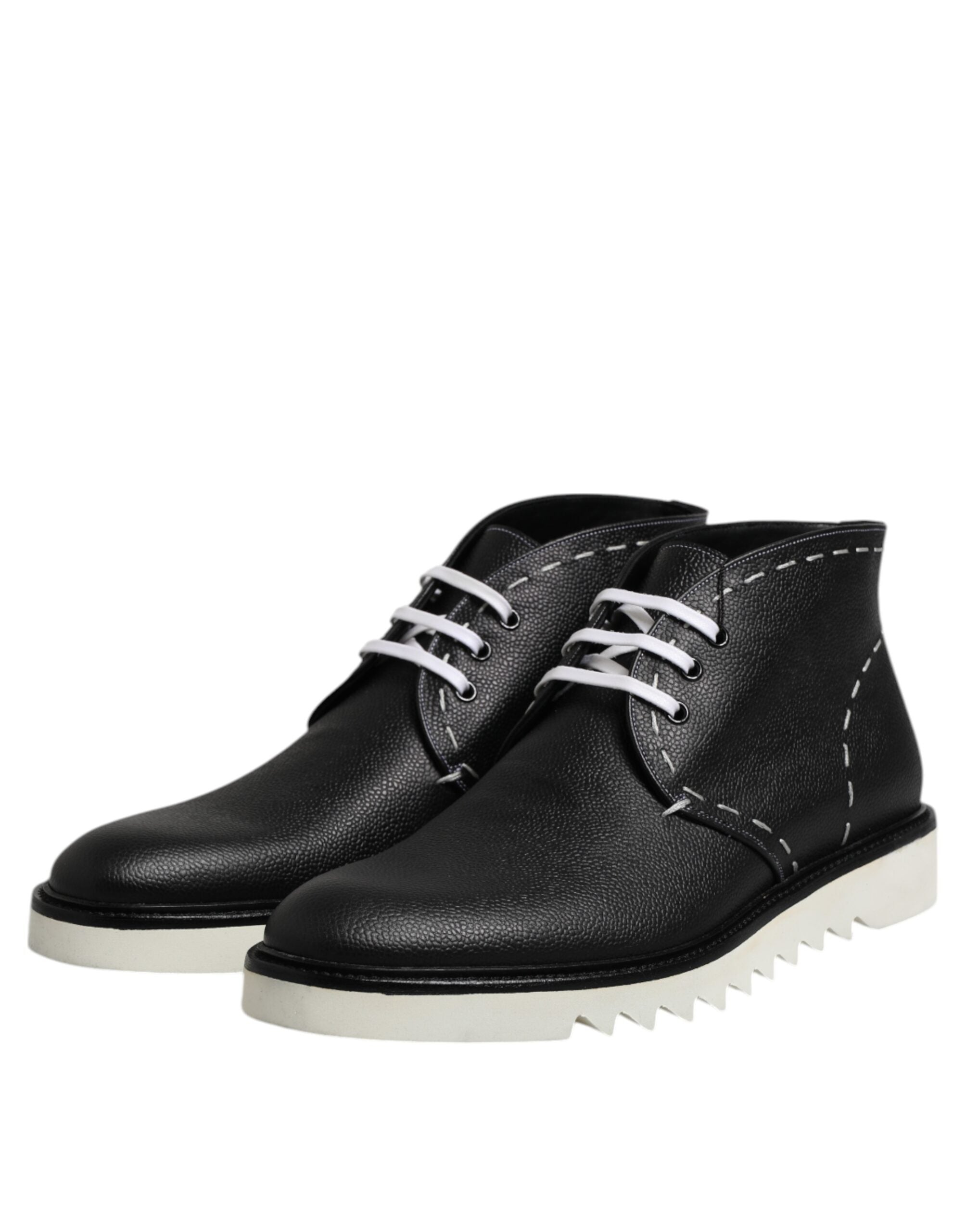 Dolce & Gabbana Black White Leather Ankle Boots Men's Shoes