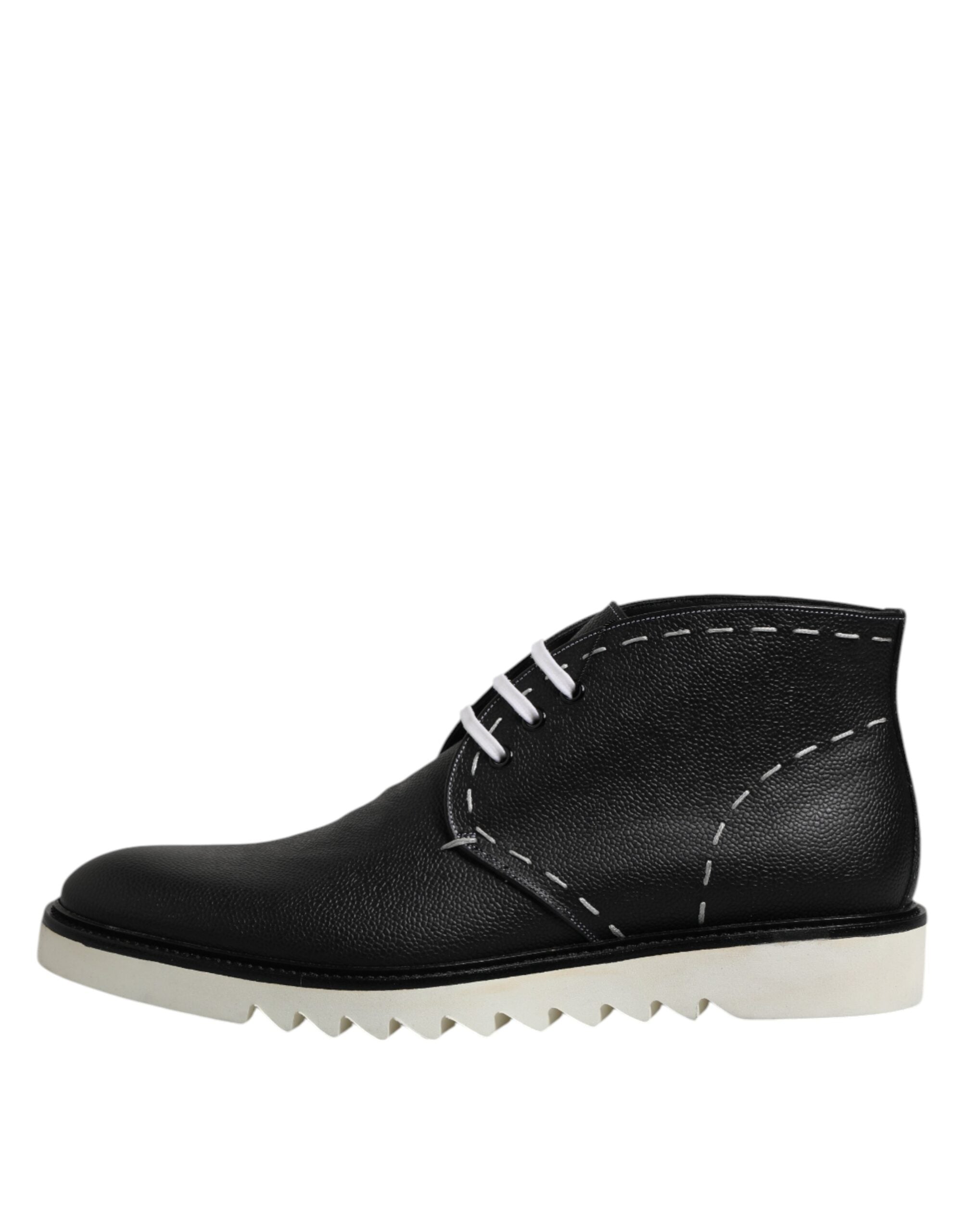 Dolce & Gabbana Black White Leather Ankle Boots Men's Shoes