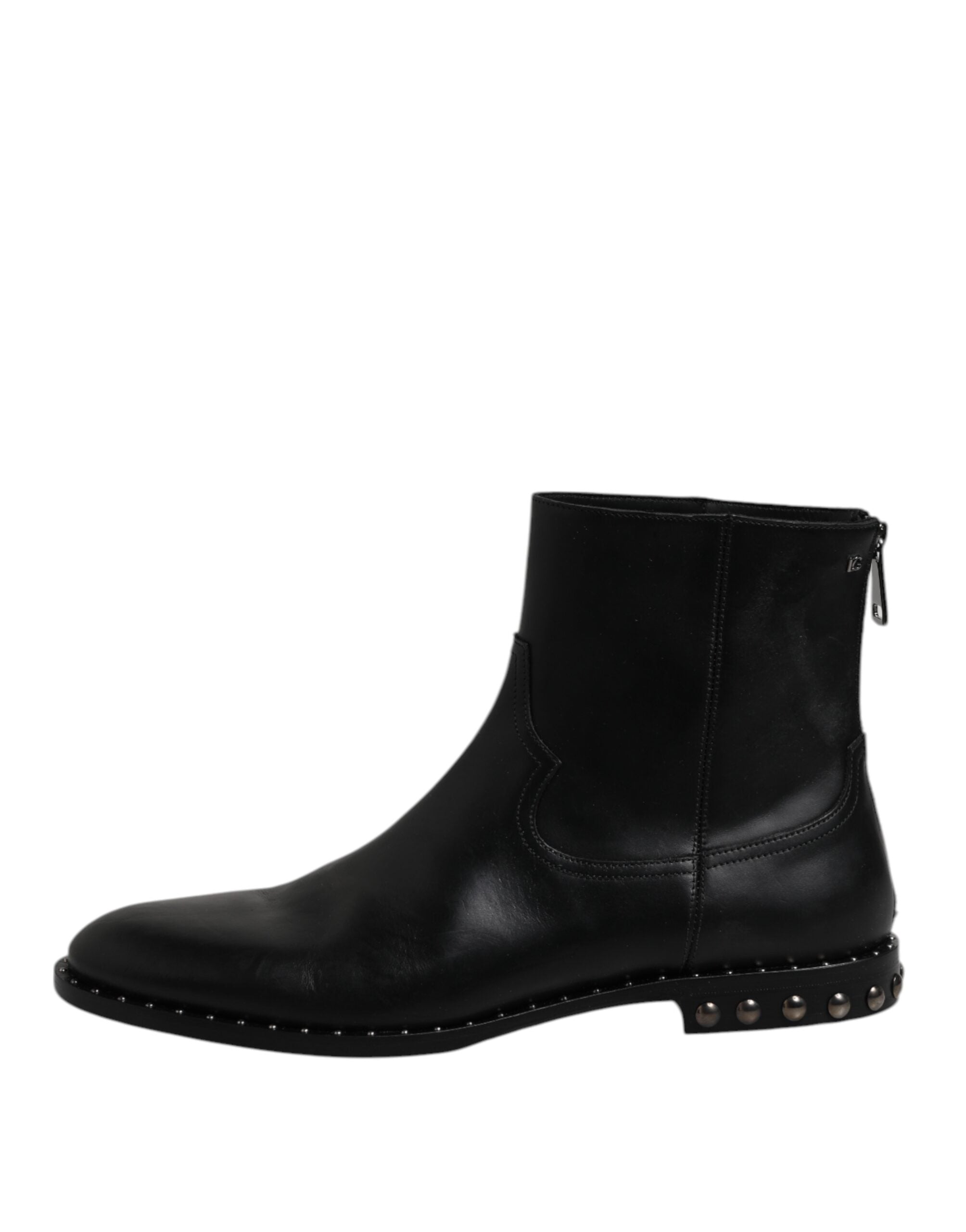 Dolce & Gabbana Black Leather Logo Ankle Boots Studded Men's Shoes