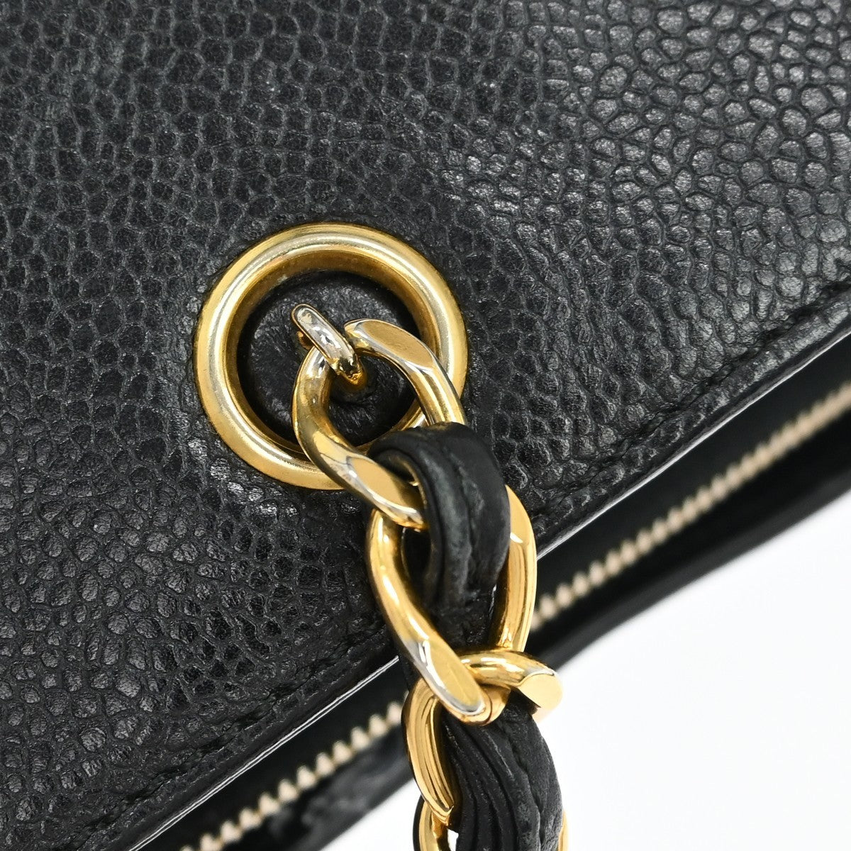 Chanel Vintage Logo Chain Tote Caviar Black Leather Tote Bag Bag (Pre-Owned)