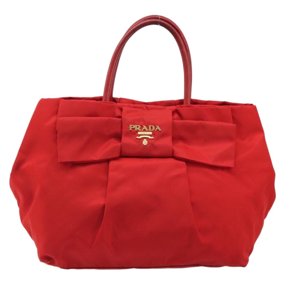 Prada Bow Tote Tessuto With Leather Red Nylon Tote Bag Bag (Pre-Owned)