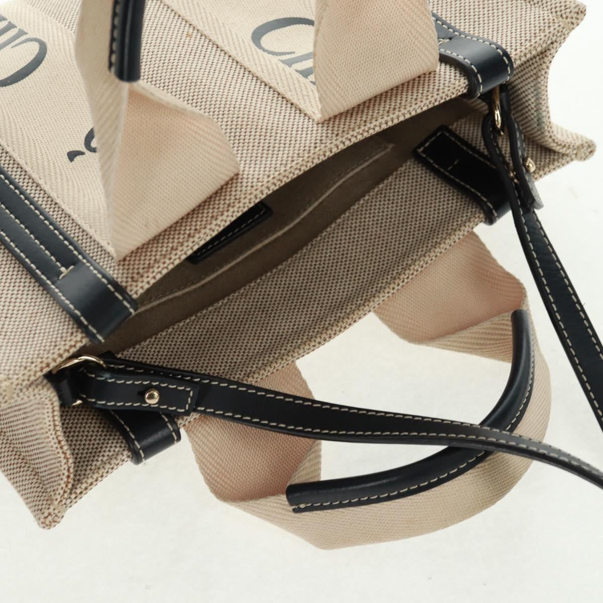Chloe Woody Convertible Canvas With Leather Beige Canvas Tote Bag Bag (Pre-Owned)