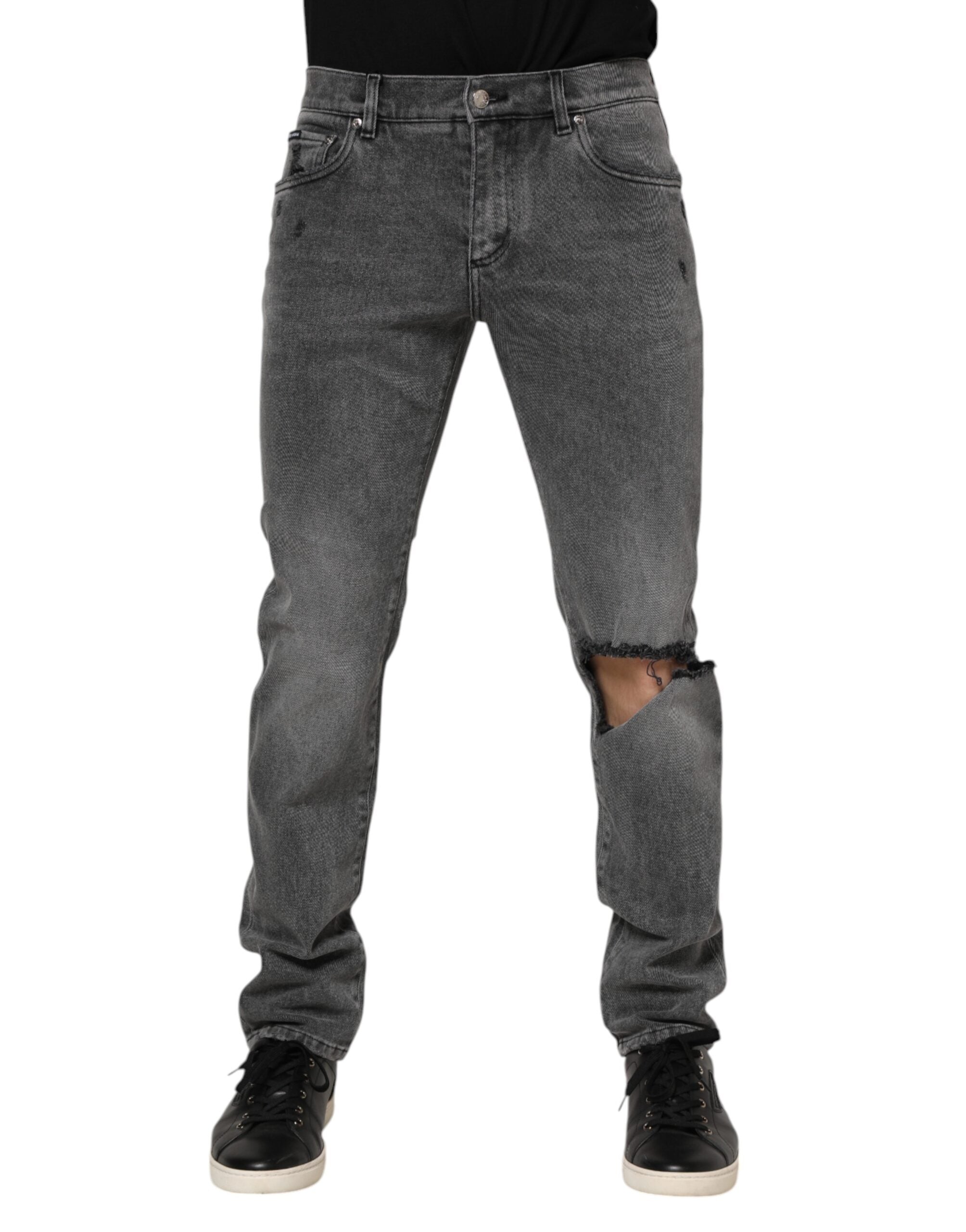 Dolce & Gabbana Gray Cotton Logo Plaque Denim Men's Jeans
