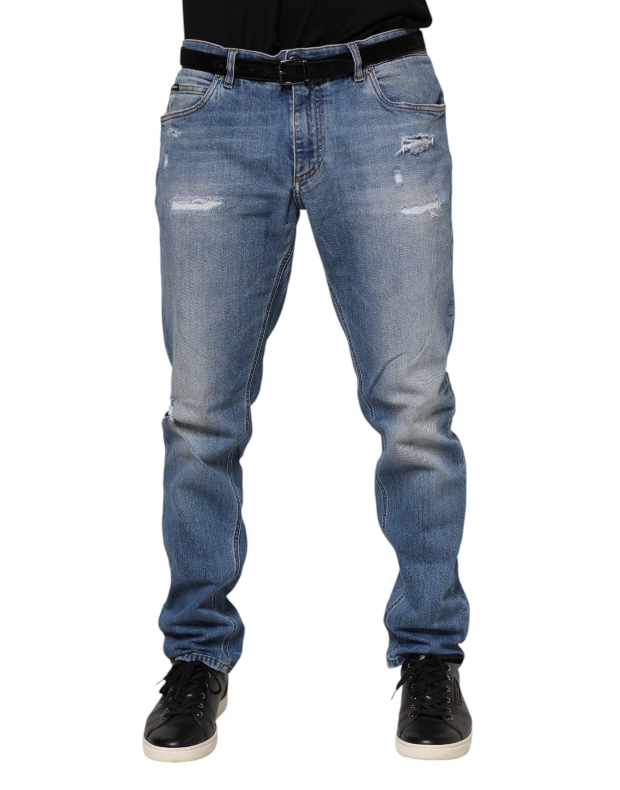 Dolce & Gabbana Blue Washed Tattered Logo Plaque Denim Men's Jeans (Pre-Owned)