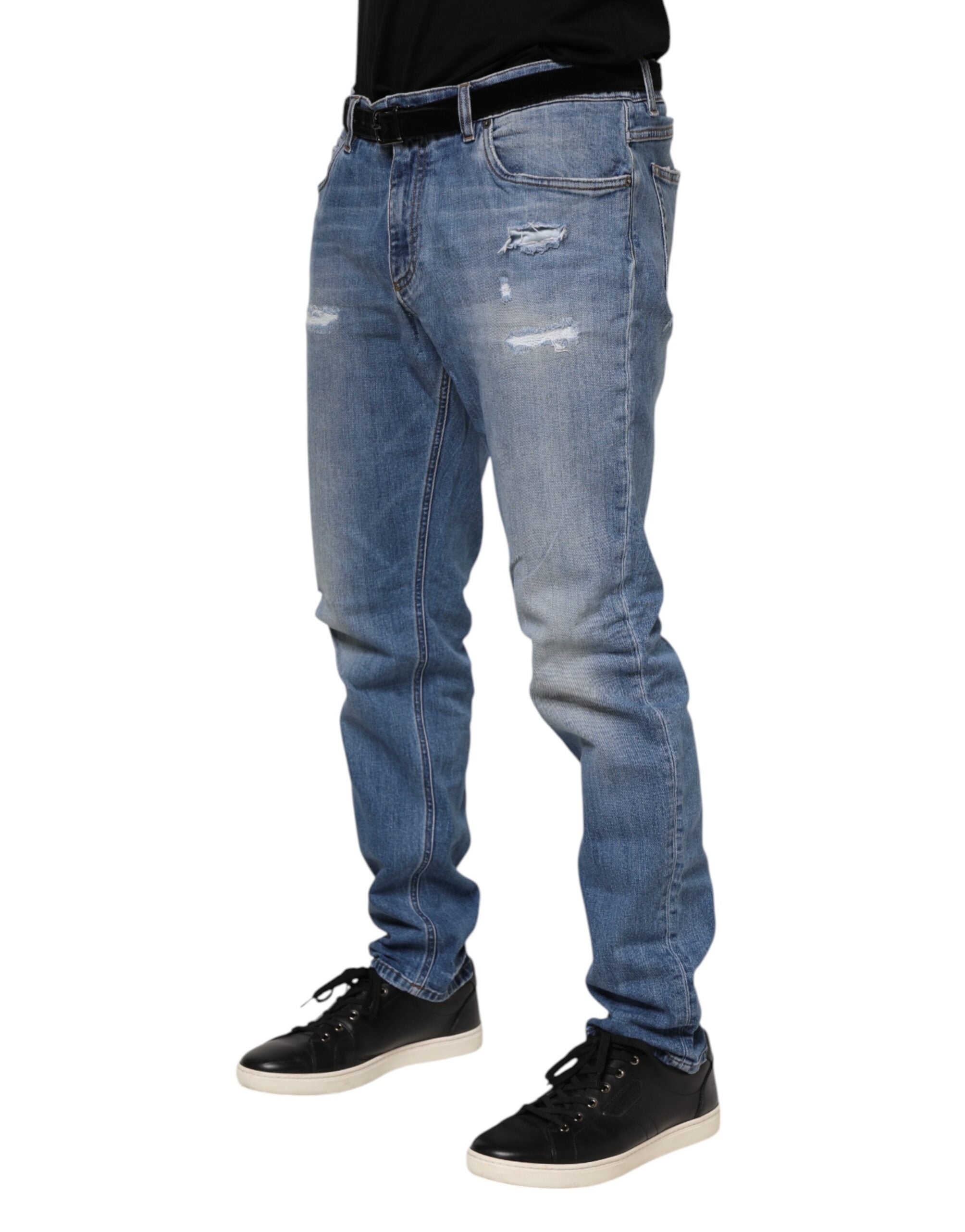 Dolce & Gabbana Blue Washed Tattered Logo Plaque Denim Men's Jeans (Pre-Owned)