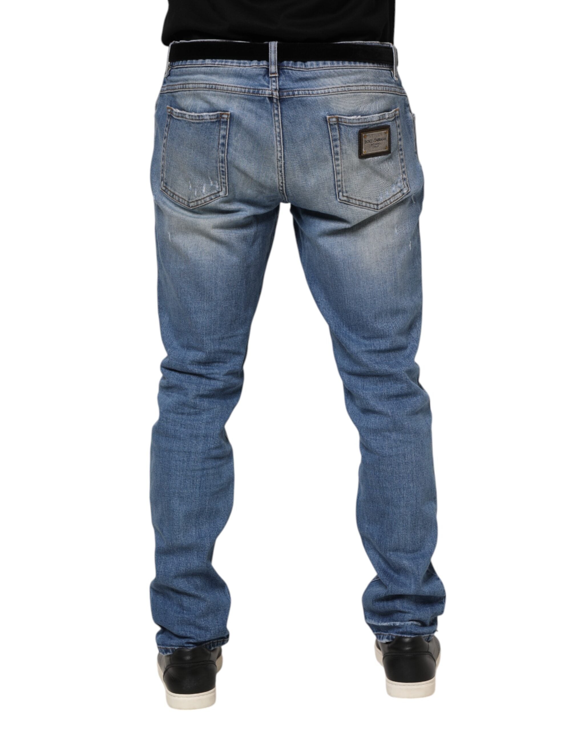 Dolce & Gabbana Blue Washed Tattered Logo Plaque Denim Men's Jeans (Pre-Owned)