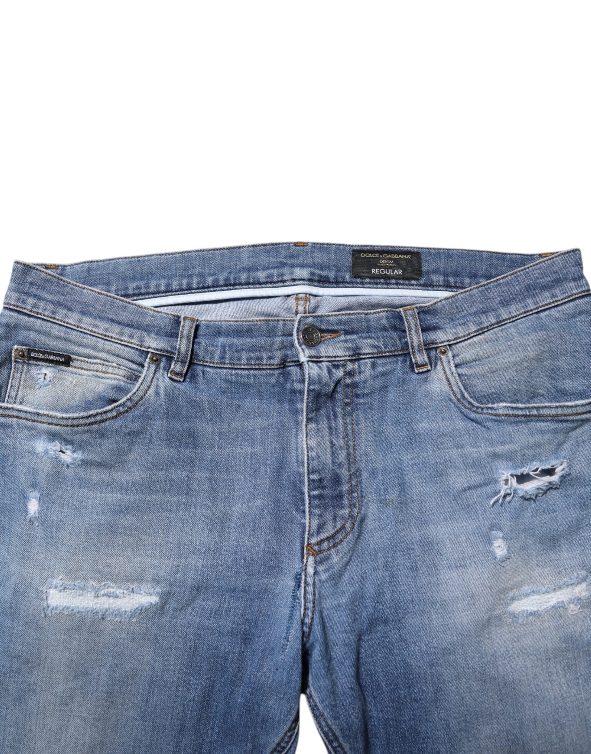 Dolce & Gabbana Blue Washed Tattered Logo Plaque Denim Men's Jeans (Pre-Owned)