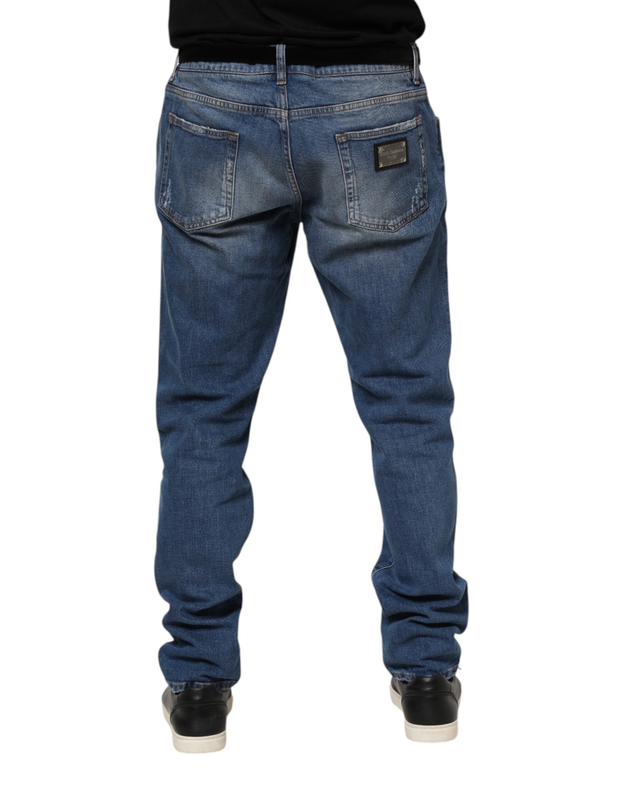 Dolce & Gabbana Blue Washed Cotton Logo Plaque Denim Men's Jeans