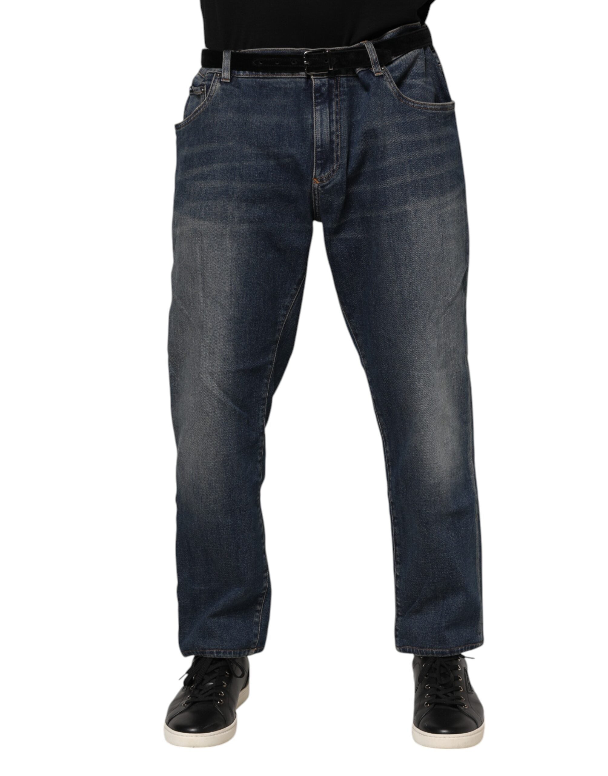 Dolce & Gabbana Blue Cotton Logo Plaque Slim Denim Men's Jeans