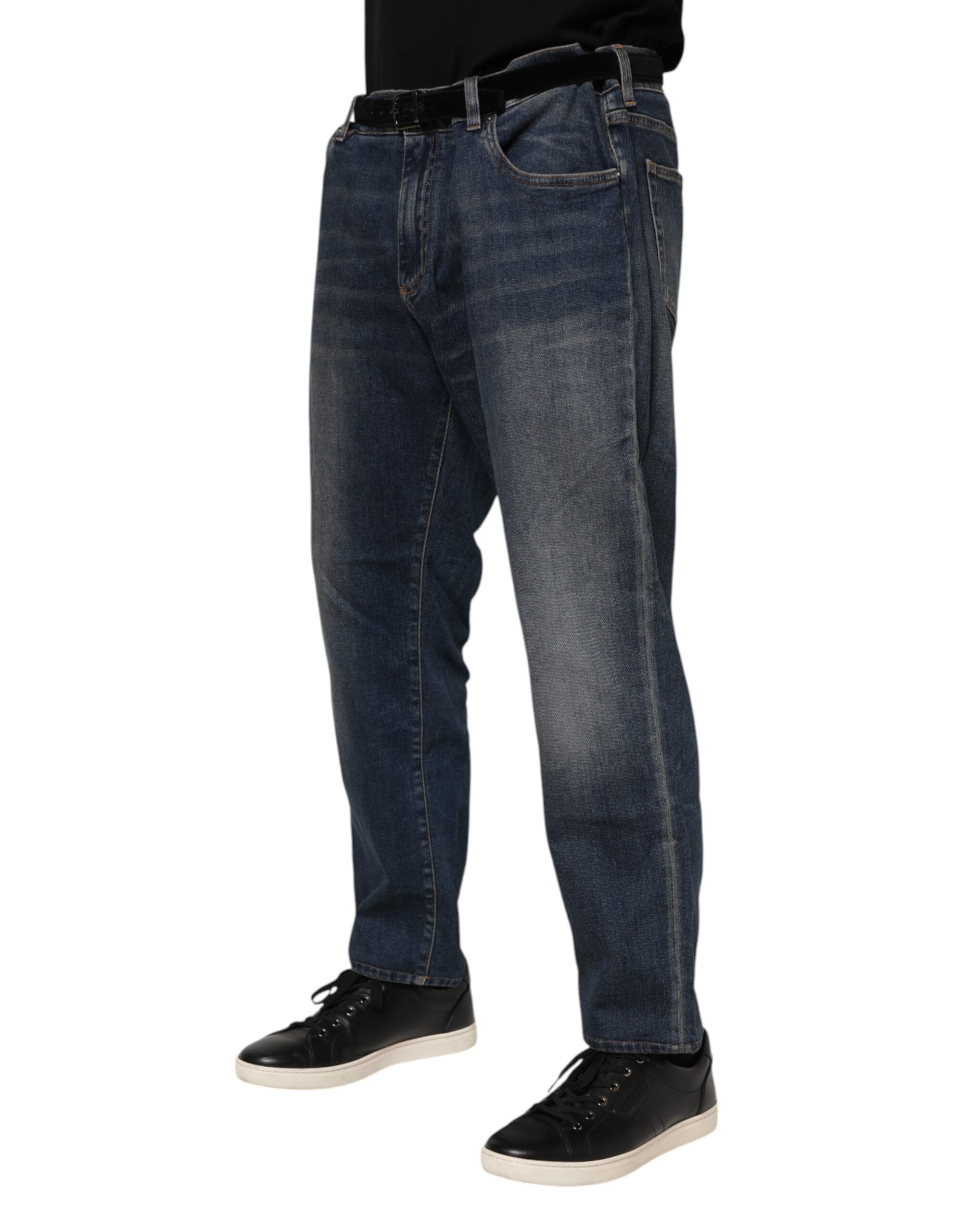 Dolce & Gabbana Blue Cotton Logo Plaque Slim Denim Men's Jeans