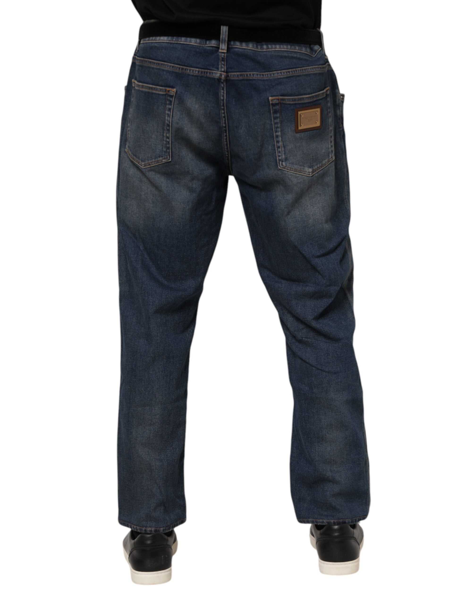 Dolce & Gabbana Blue Cotton Logo Plaque Slim Denim Men's Jeans