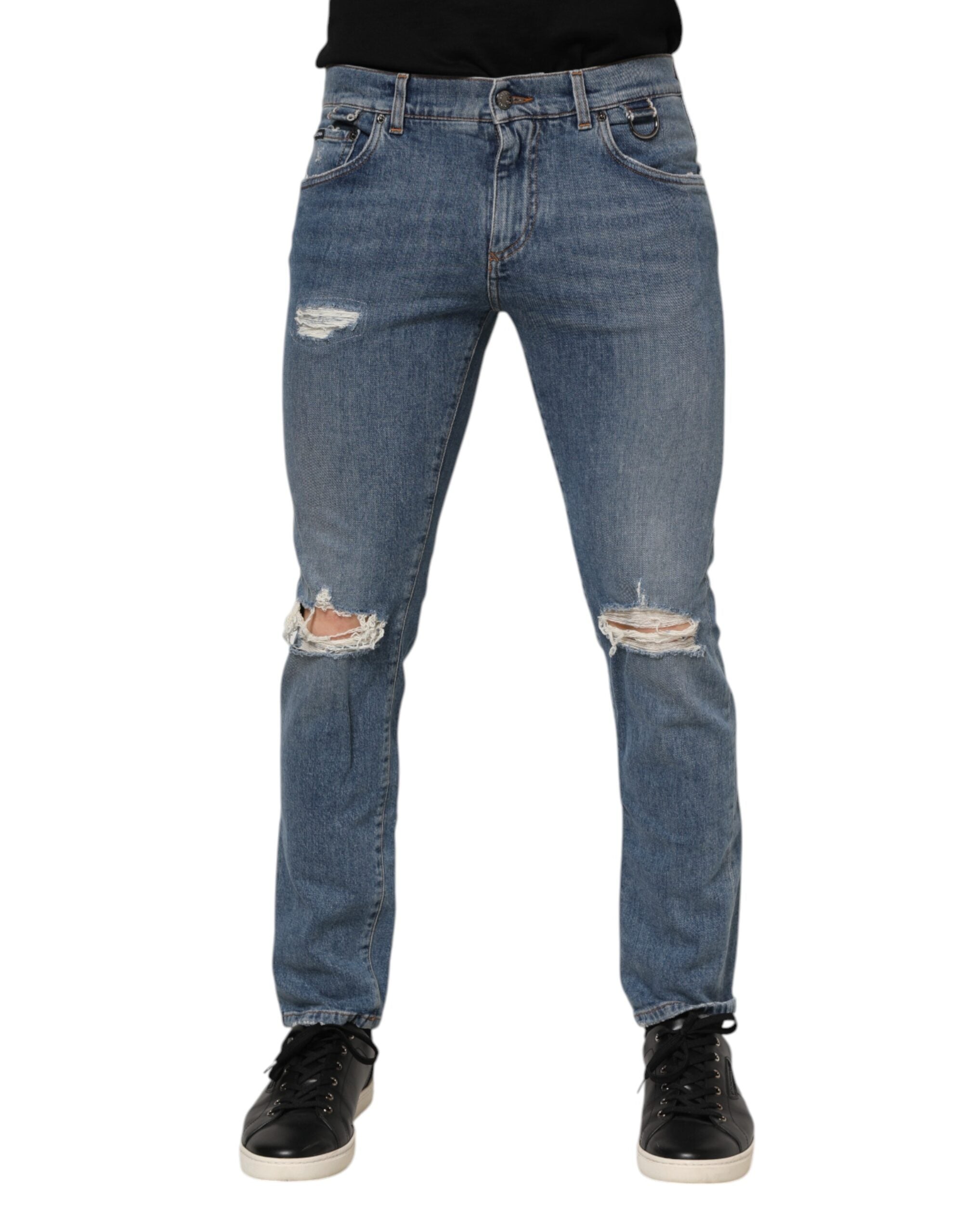 Dolce & Gabbana Blue Cotton Tattered Skinny Logo Denim Men's Jeans (Pre-Owned)