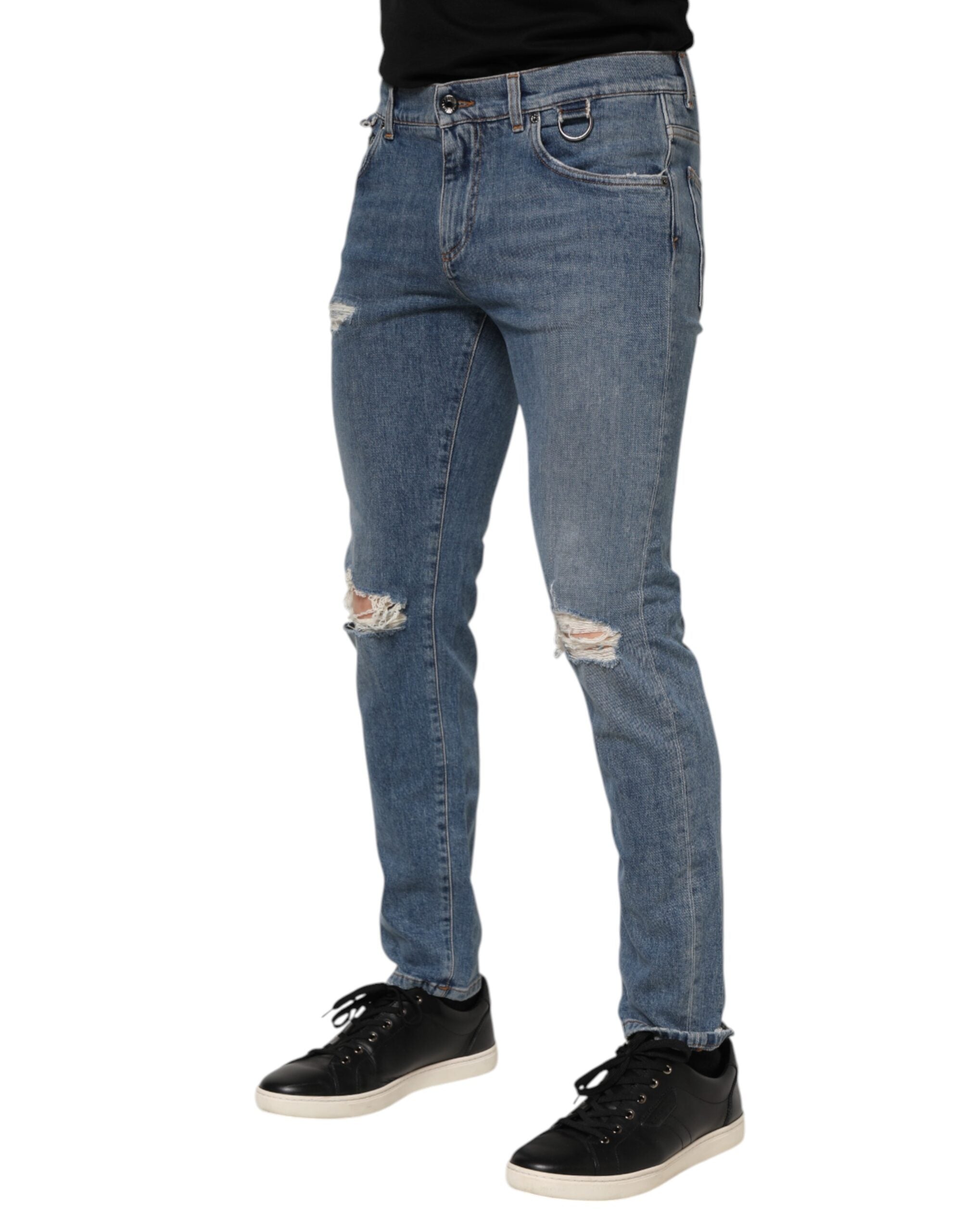 Dolce & Gabbana Blue Cotton Tattered Skinny Logo Denim Men's Jeans (Pre-Owned)