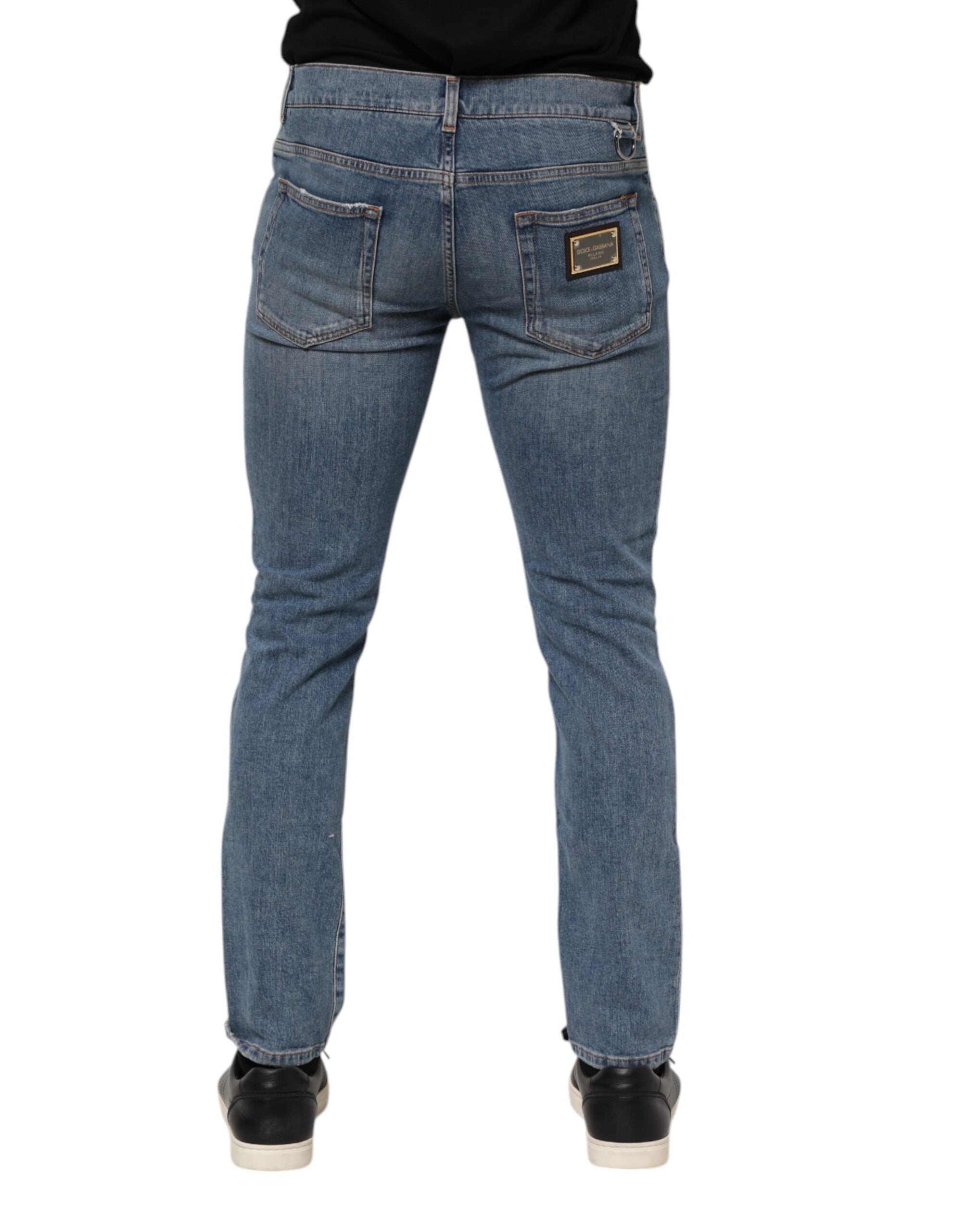 Dolce & Gabbana Blue Cotton Tattered Skinny Logo Denim Men's Jeans (Pre-Owned)