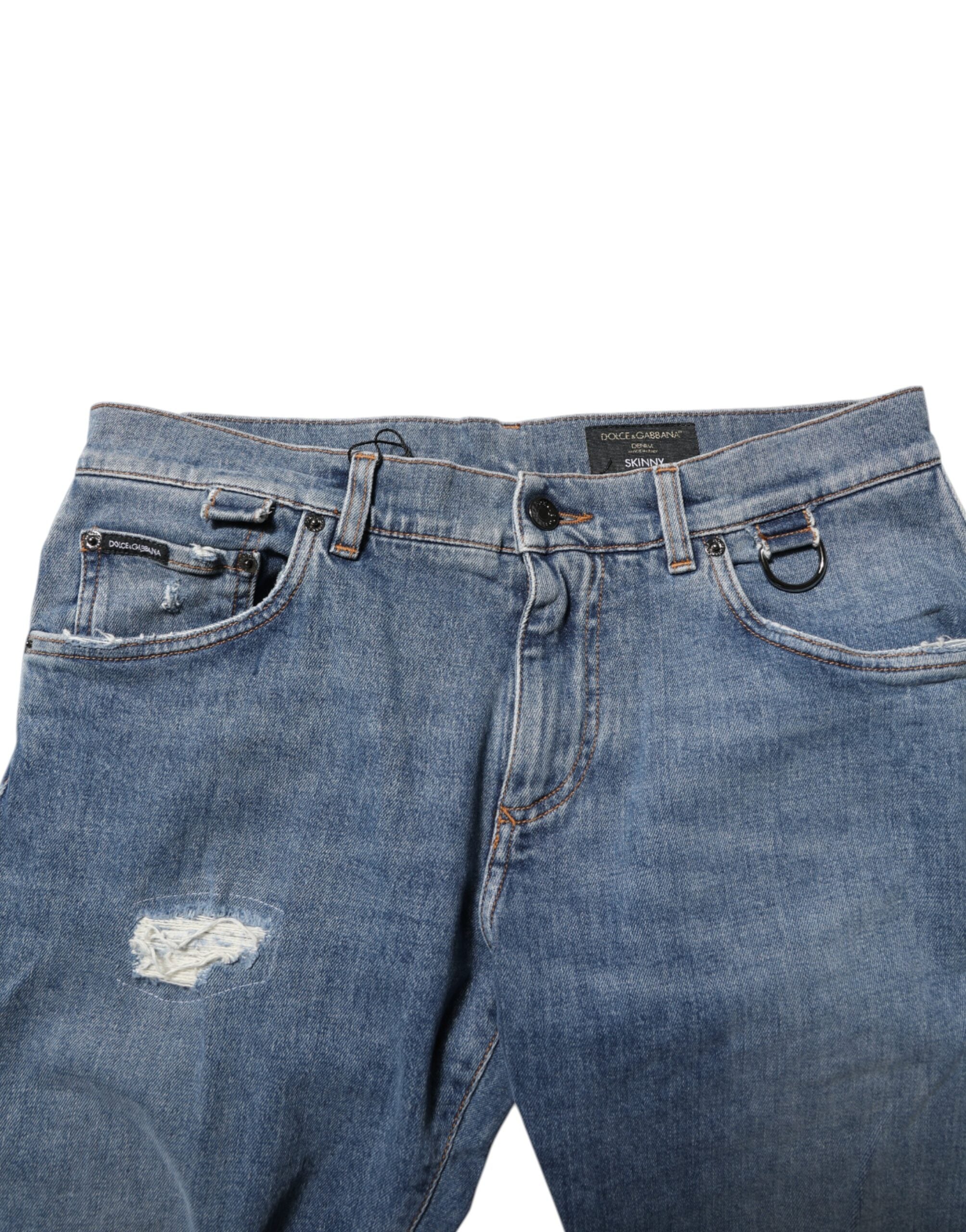 Dolce & Gabbana Blue Cotton Tattered Skinny Logo Denim Men's Jeans (Pre-Owned)