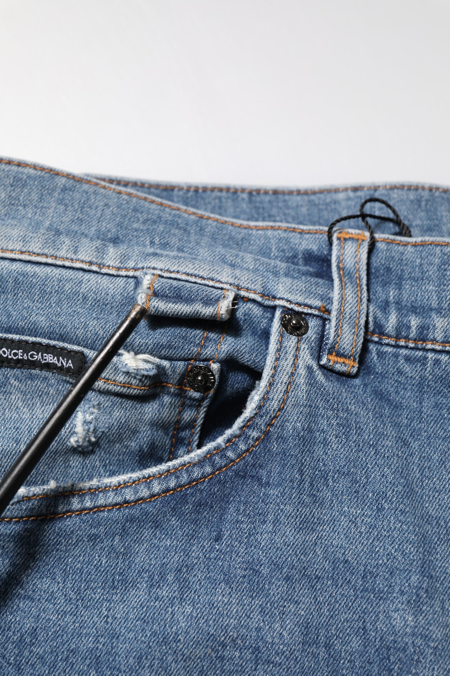 Dolce & Gabbana Blue Cotton Tattered Skinny Logo Denim Men's Jeans (Pre-Owned)