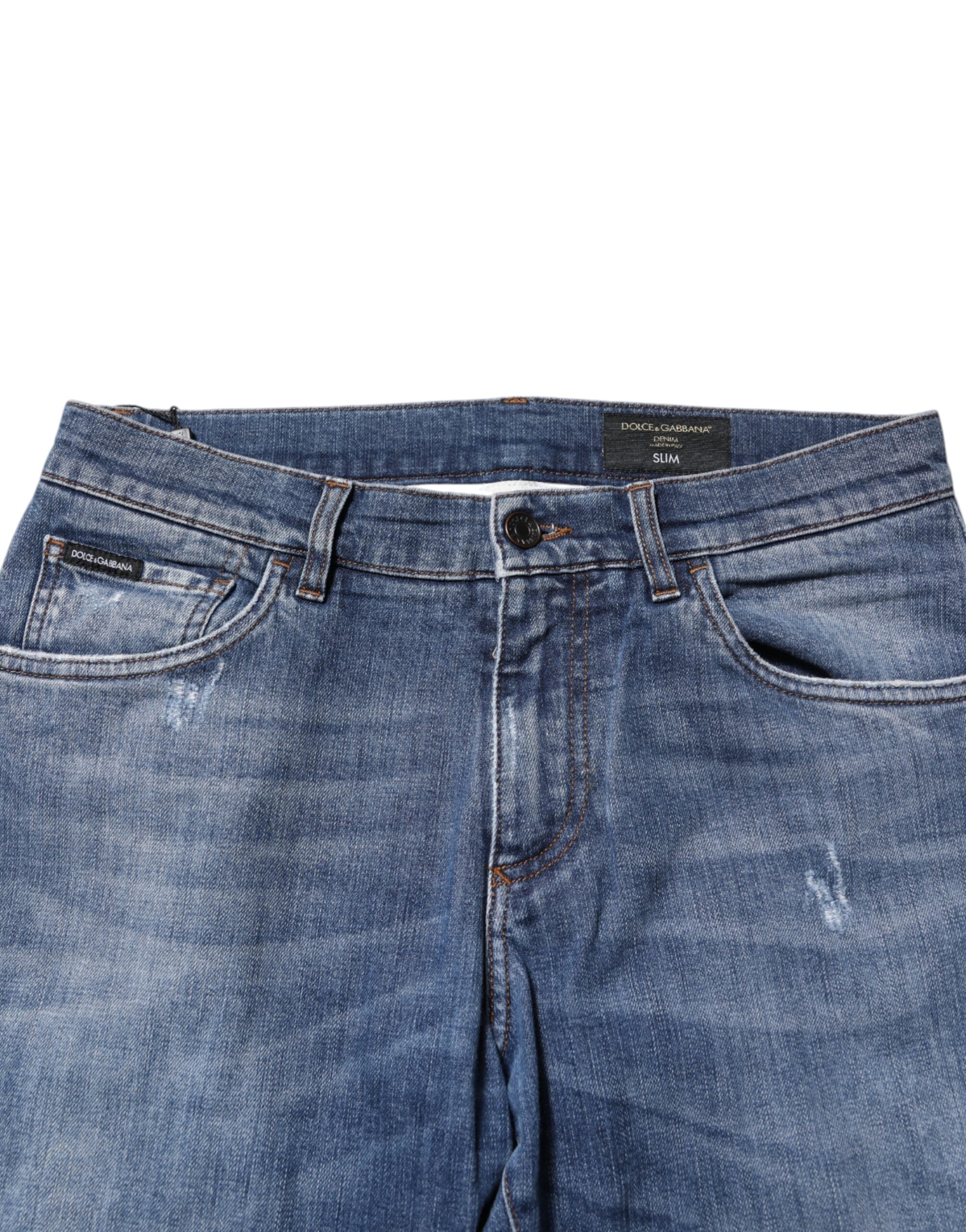 Dolce & Gabbana Blue Cotton Logo Plaque Denim Men's Jeans
