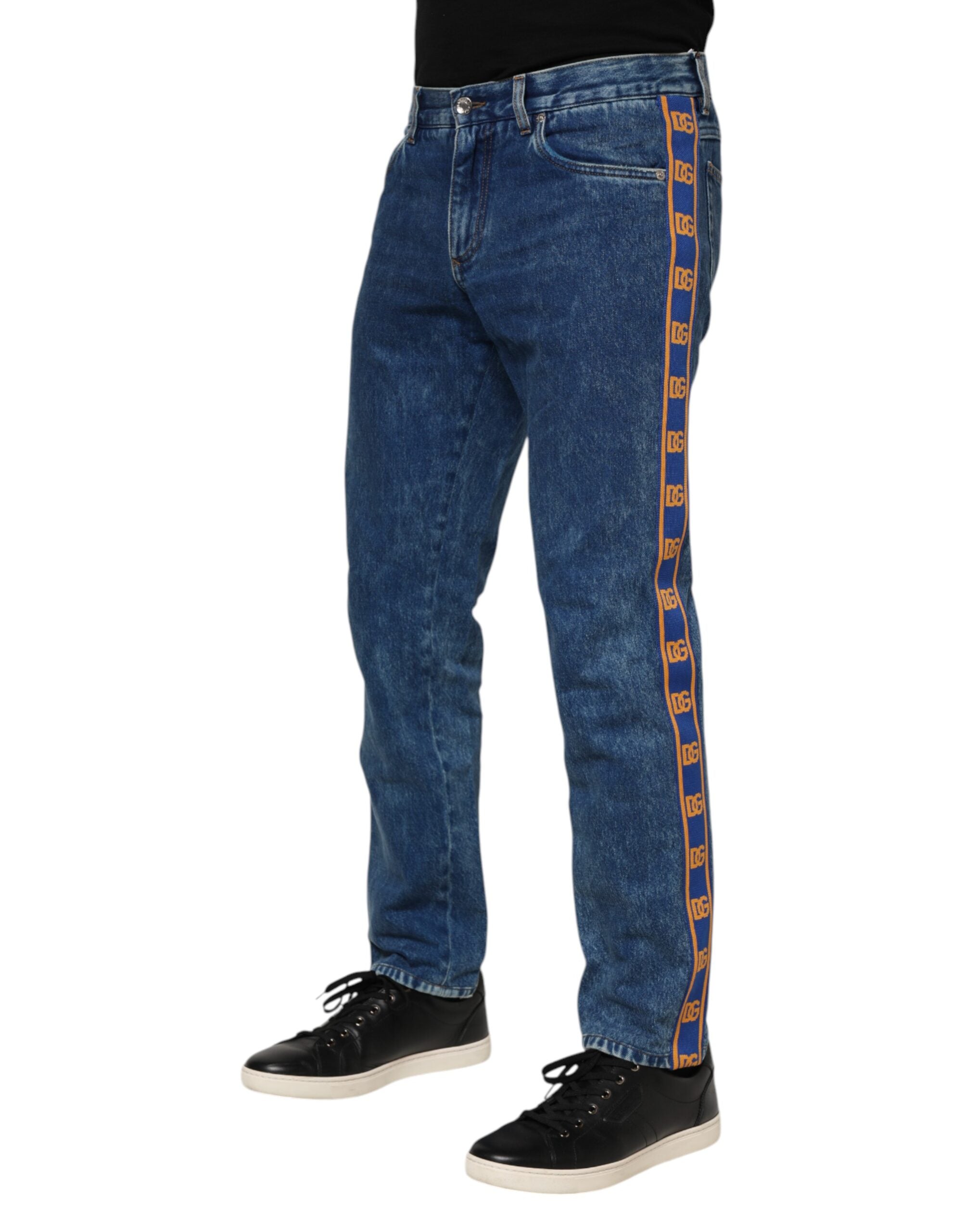 Dolce & Gabbana Blue Cotton Logo Plaque Denim Men's Jeans