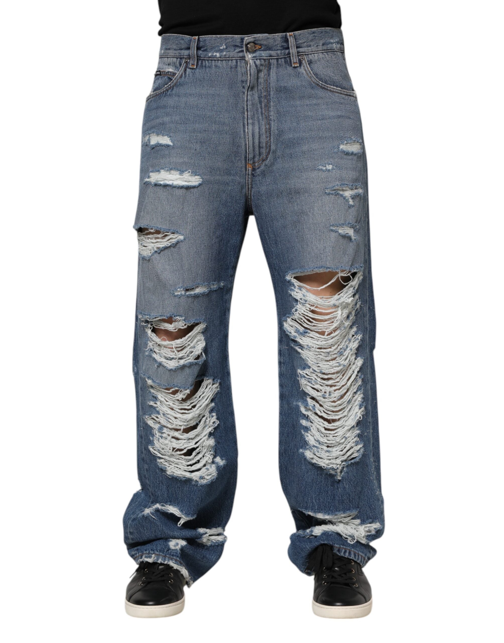 Dolce & Gabbana Blue Tattered Cotton Logo Plaque Denim Men's Jeans