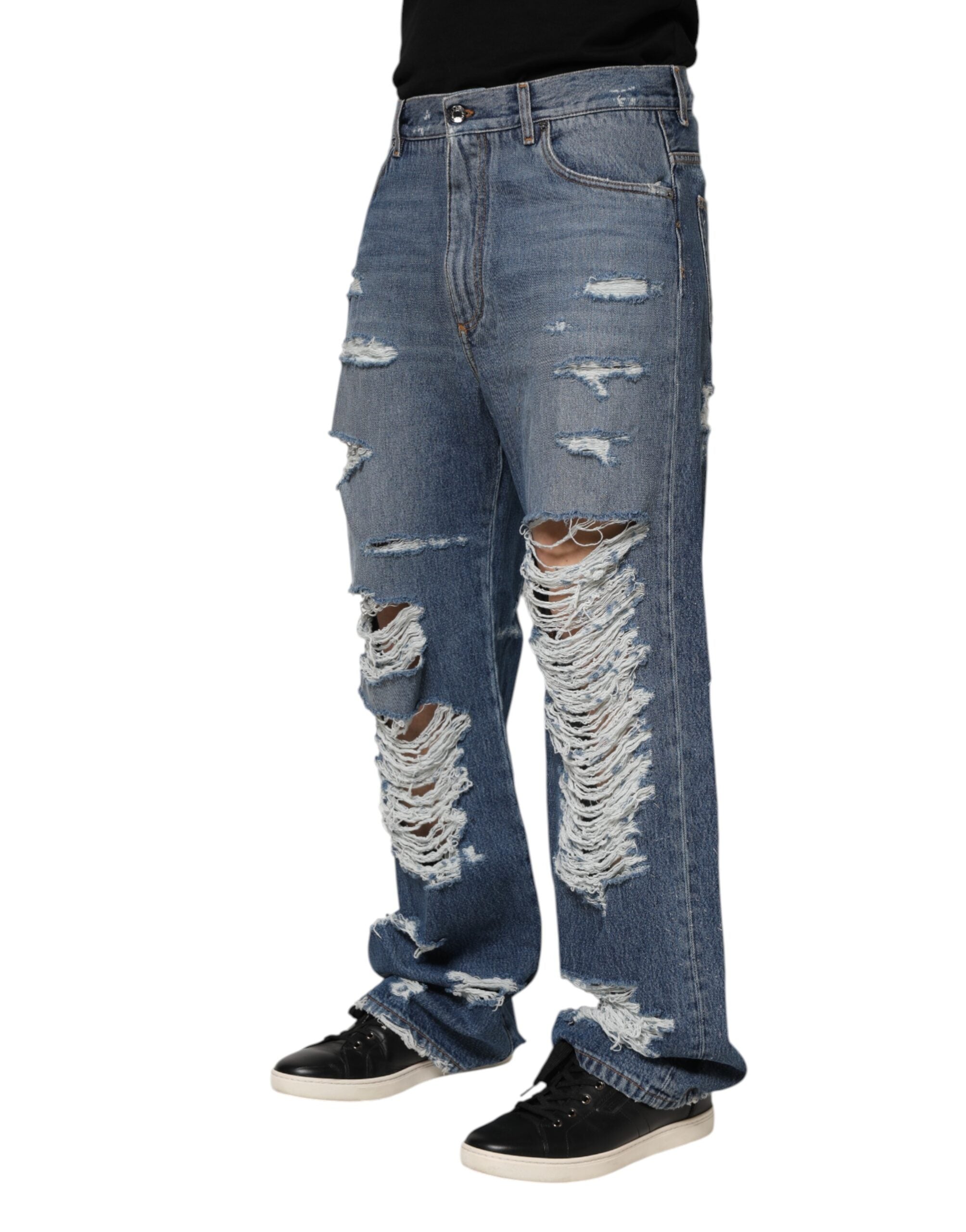 Dolce & Gabbana Blue Tattered Cotton Logo Plaque Denim Men's Jeans