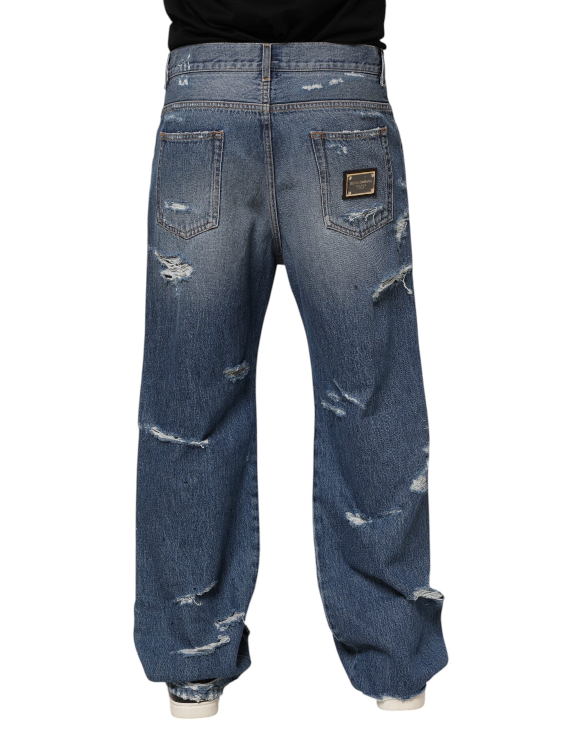 Dolce & Gabbana Blue Tattered Cotton Logo Plaque Denim Men's Jeans