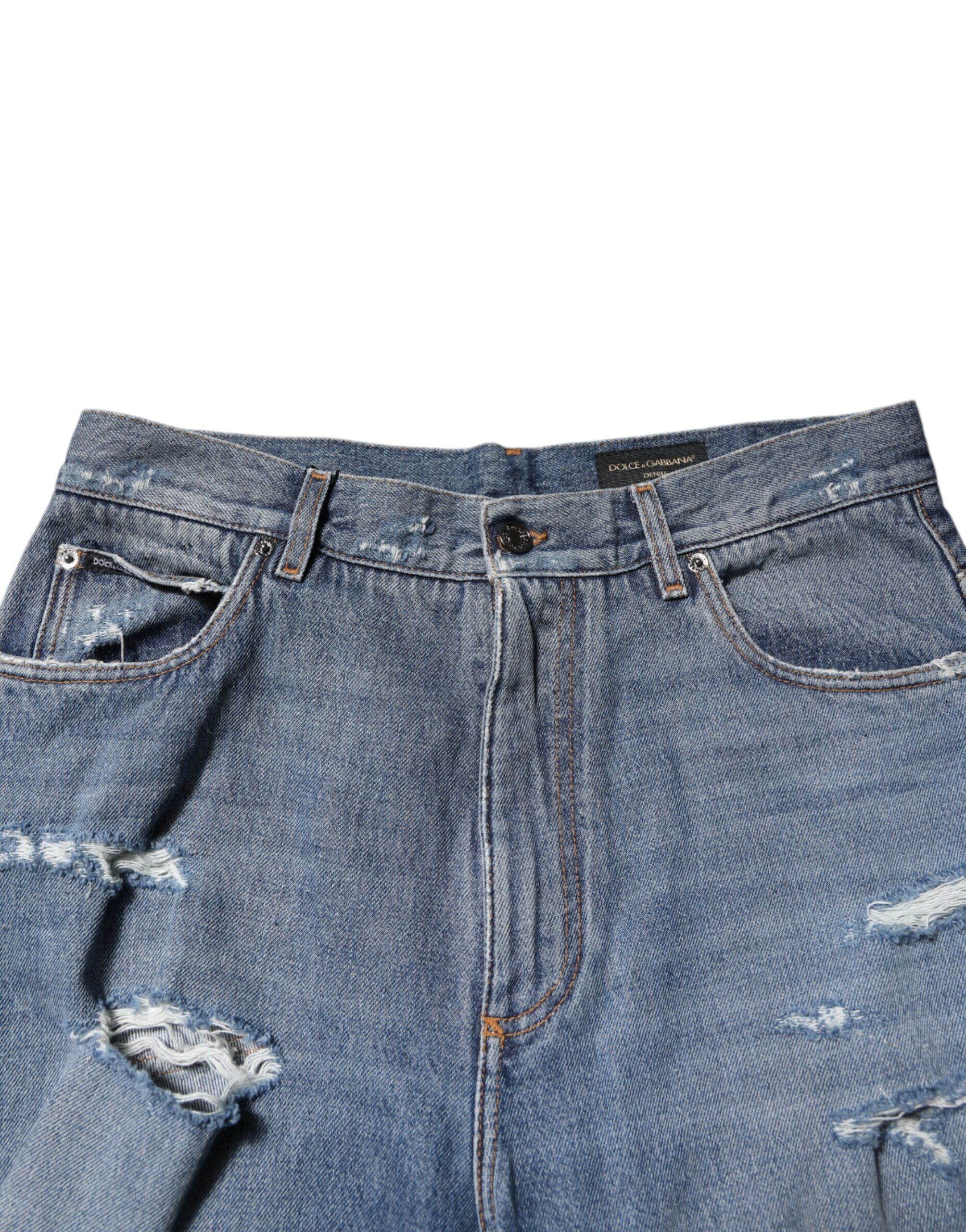 Dolce & Gabbana Blue Tattered Cotton Logo Plaque Denim Men's Jeans