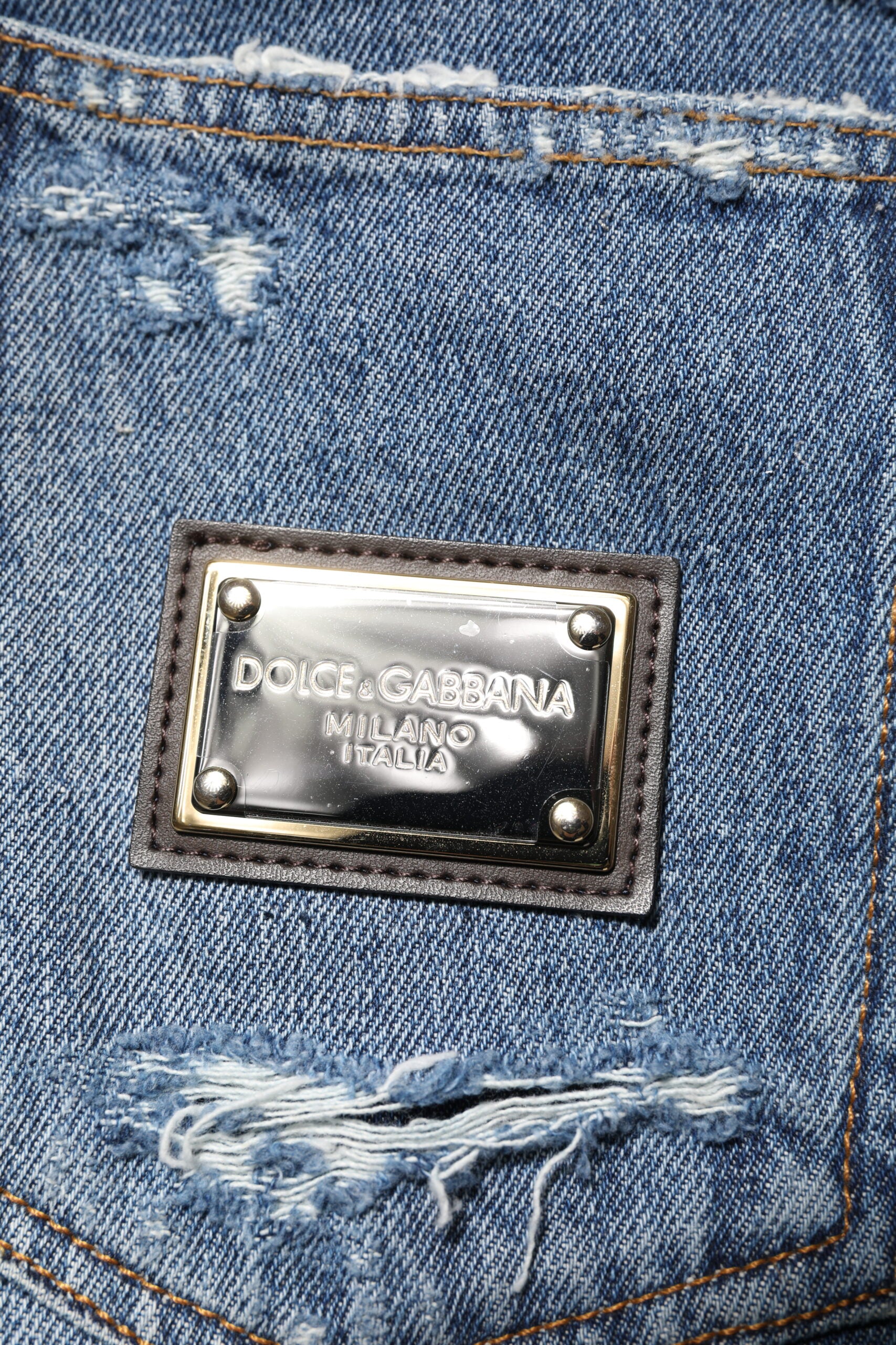 Dolce & Gabbana Blue Tattered Cotton Logo Plaque Denim Men's Jeans