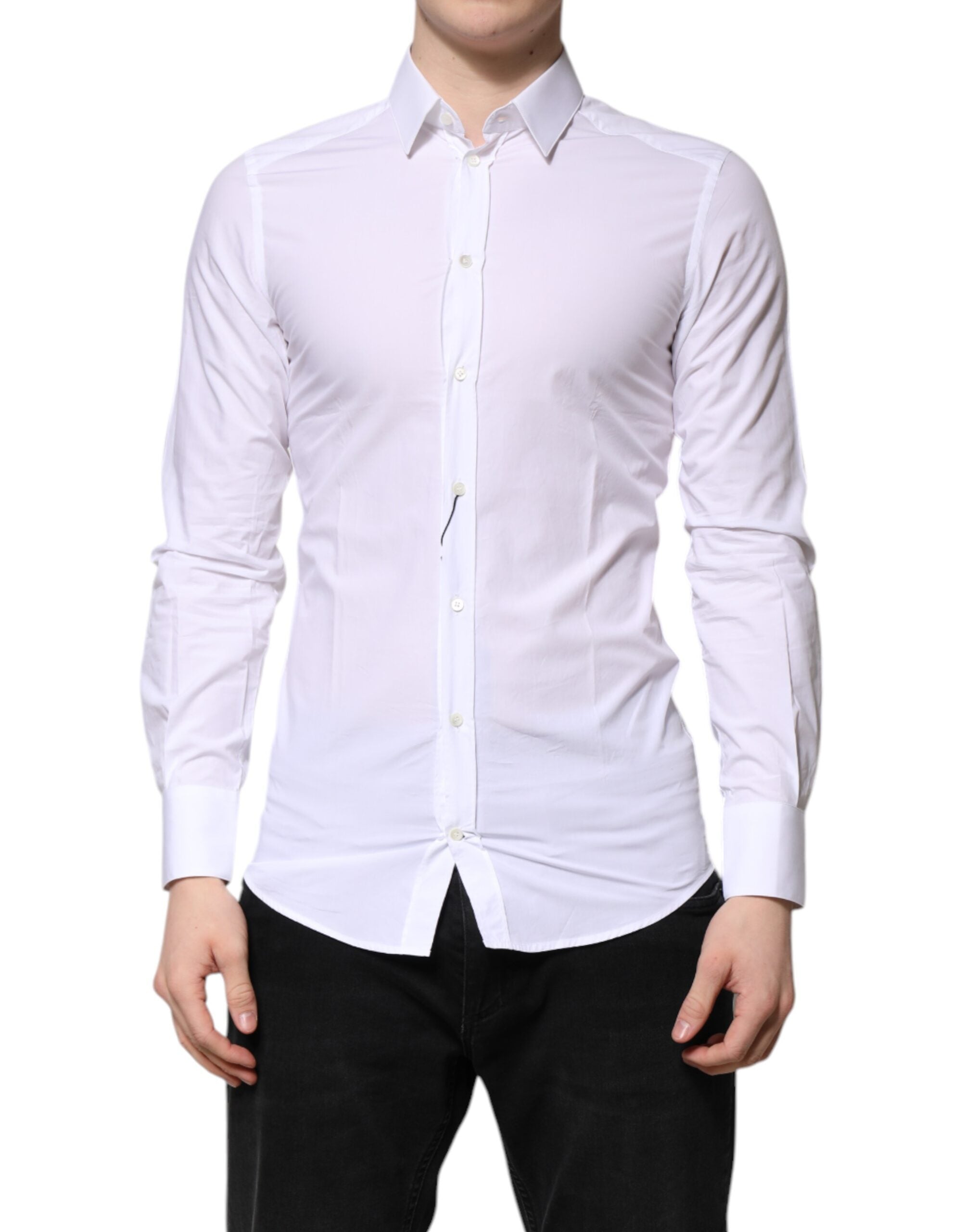 Dolce & Gabbana White Cotton GOLD Long Sleeves Formal Men's Shirt (Pre-Owned)